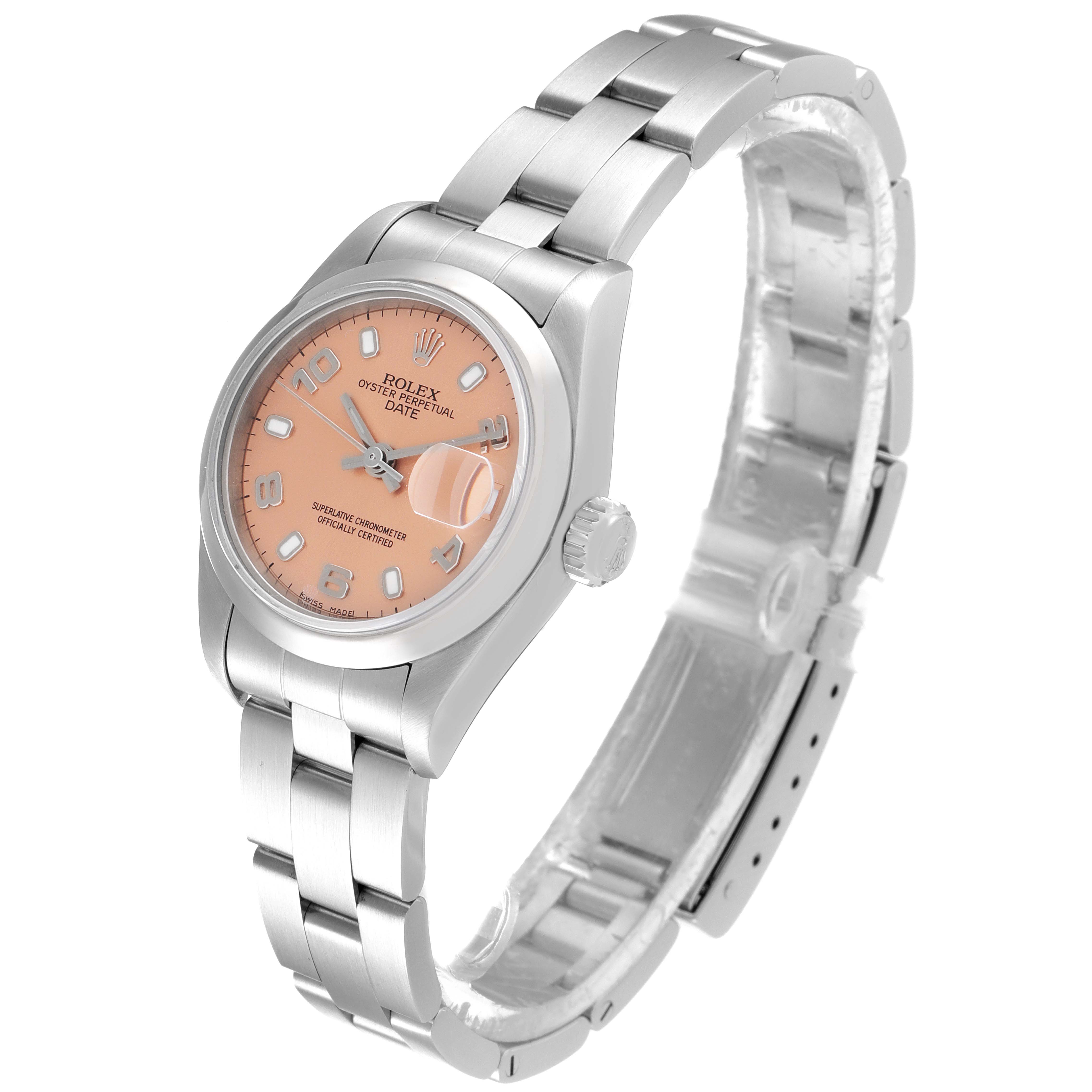 This image shows a Rolex Date 79160 Women's Stainless Steel Pink Dial 79160 Women's Stainless Steel Pink Dial model watch from a front-side angle, displaying the face, dial, bezel, and metal bracelet.