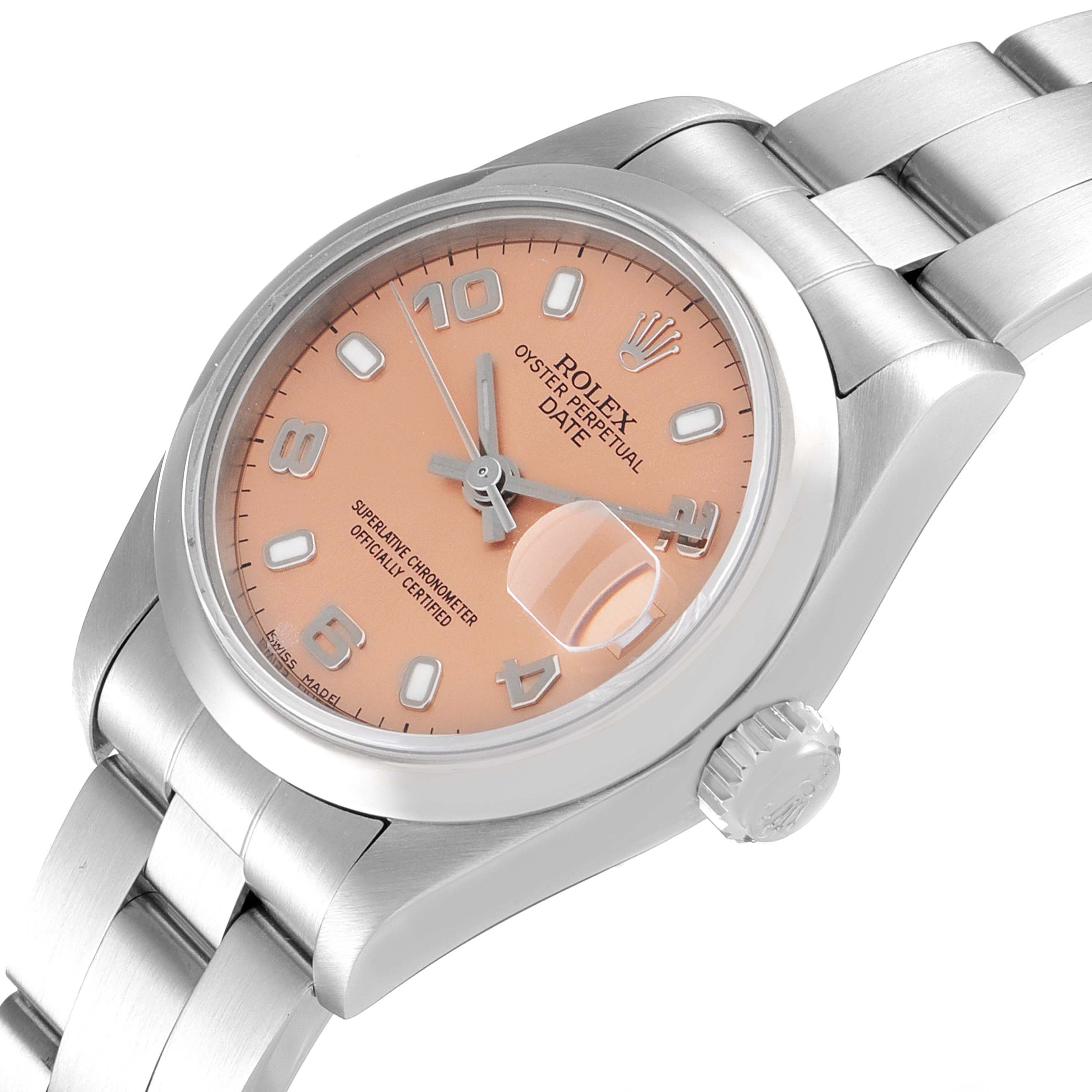 This image shows a Rolex Date 79160 Women's Stainless Steel Pink Dial 79160 Women's Stainless Steel Pink Dial model watch at an angled top view, highlighting its bracelet, crown, and salmon dial.