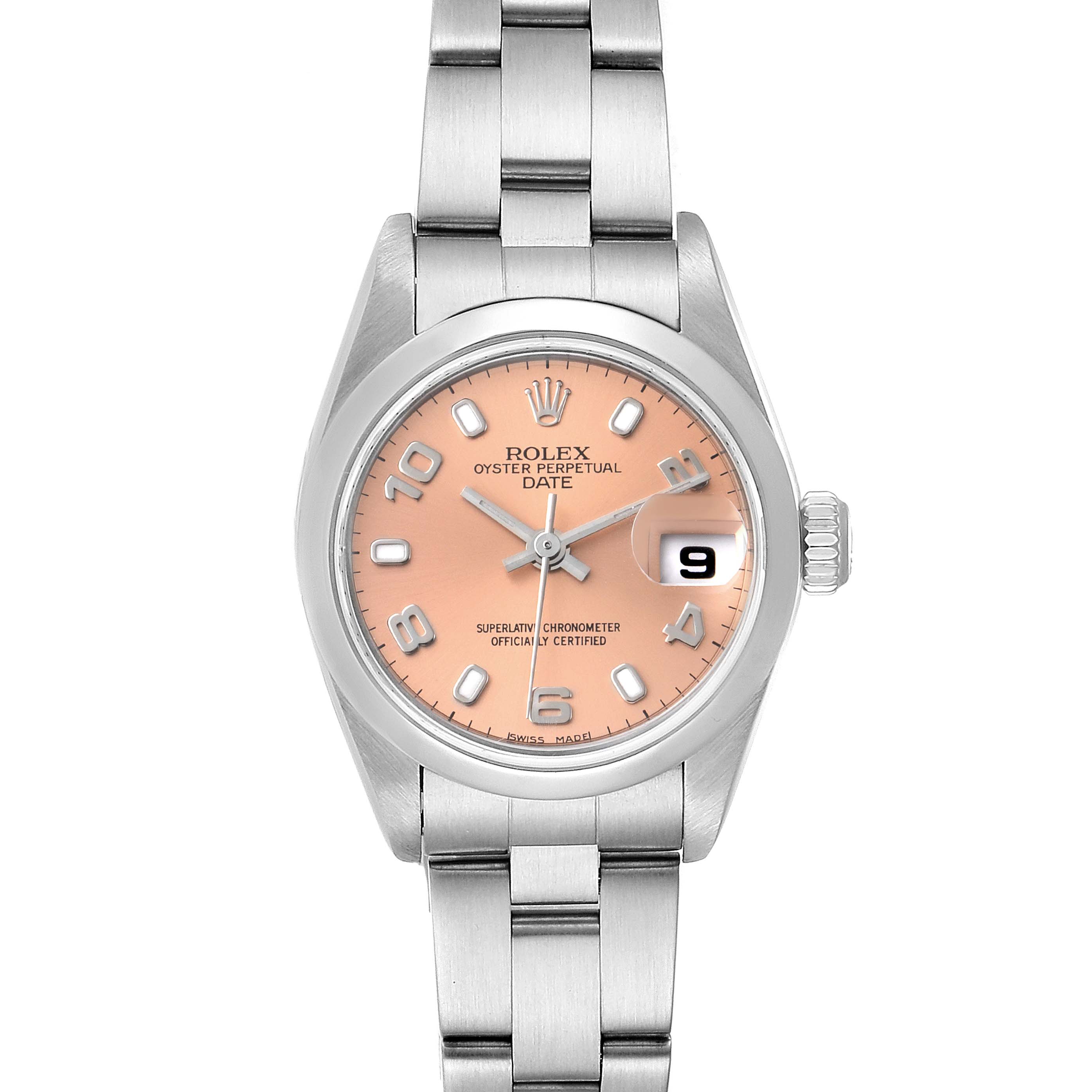 This is a head-on view showing the face, casing, and bracelet of the Rolex Date 79160 Women's Stainless Steel Pink Dial 79160 Women's Stainless Steel Pink Dial model watch.