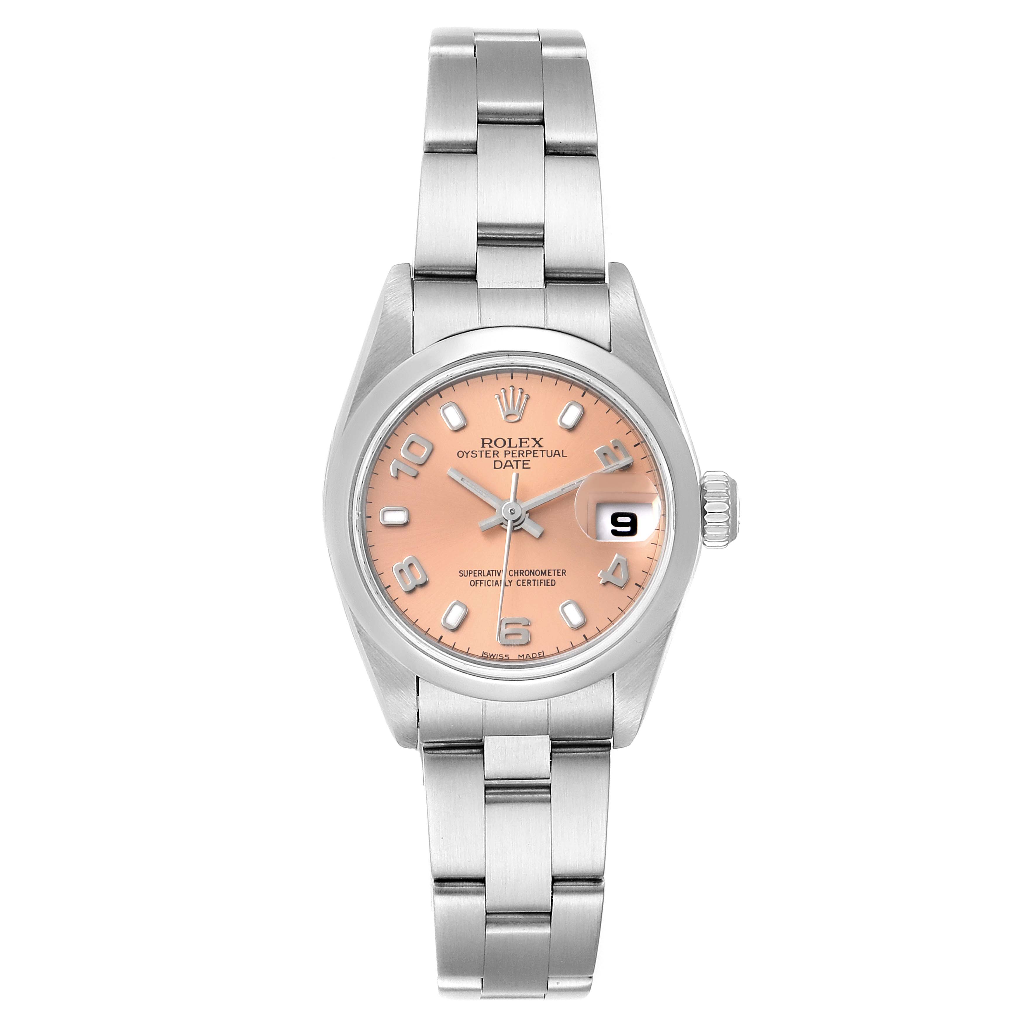This is a front view of a Rolex Date 79160 Women's Stainless Steel Pink Dial 79160 Women's Stainless Steel Pink Dial model watch, showing its bracelet, case, dial, and crown.