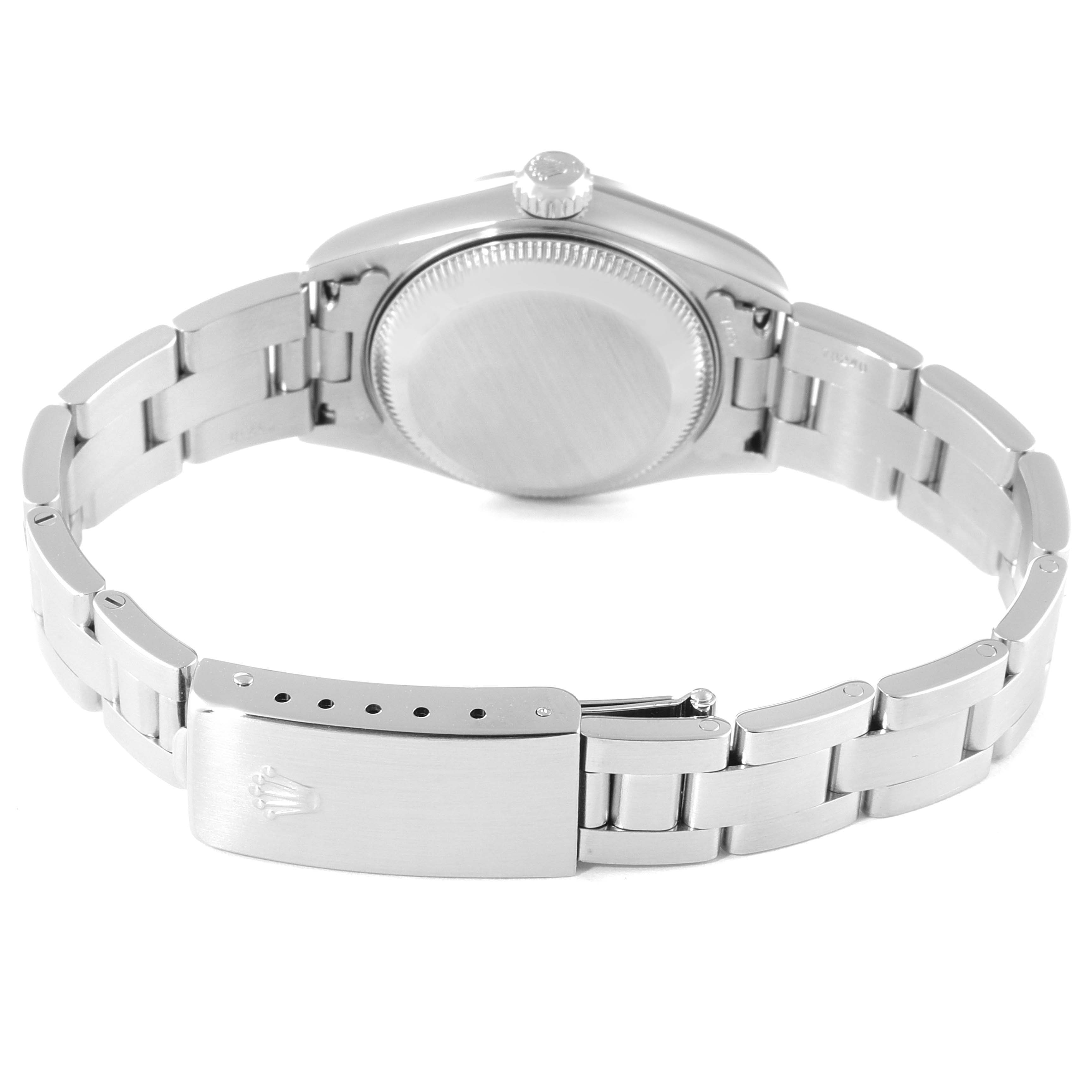 The image shows the back and clasp of a Rolex Date 79160 Women's Stainless Steel Pink Dial 79160 Women's Stainless Steel Pink Dial model watch, highlighting the bracelet and case back.