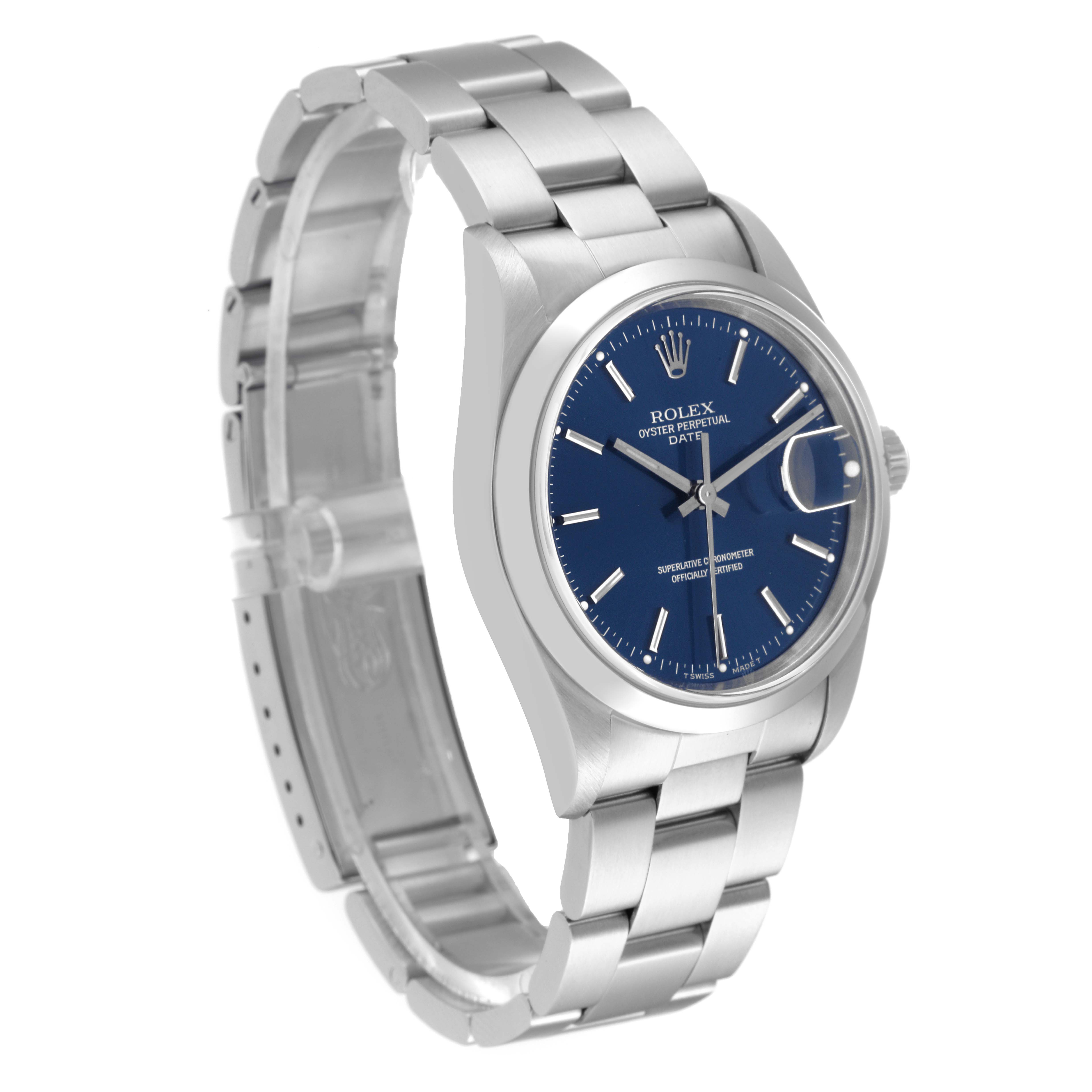 This image shows a side view of the Rolex Date 15200 Men's Stainless Steel Blue Dial 15200 Men's Stainless Steel Blue Dial model watch, highlighting its blue dial, stainless steel case, and bracelet.