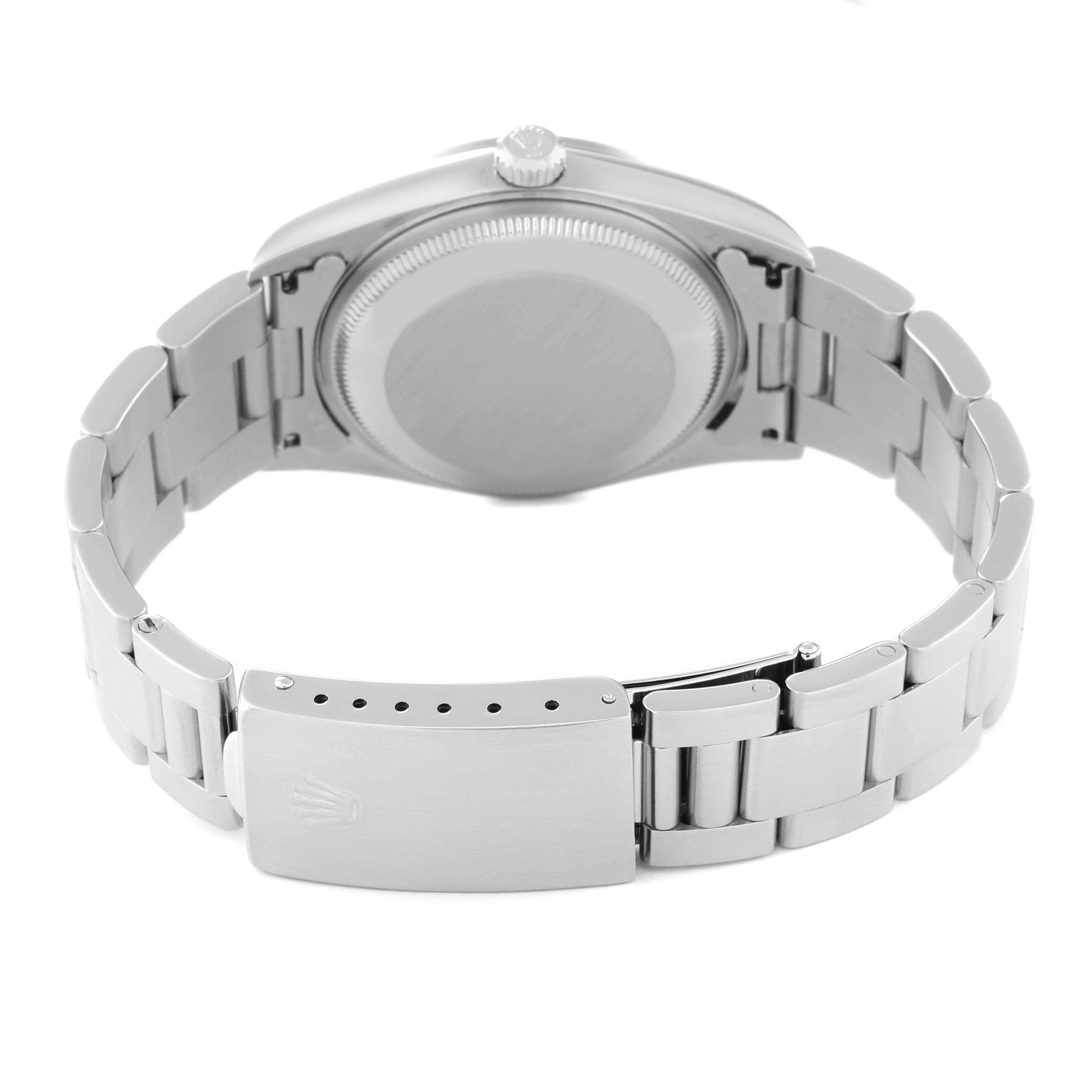 This image shows the back and clasp of a Rolex Date 15200 Men's Stainless Steel Blue Dial 15200 Men's Stainless Steel Blue Dial model watch from a rear angle.