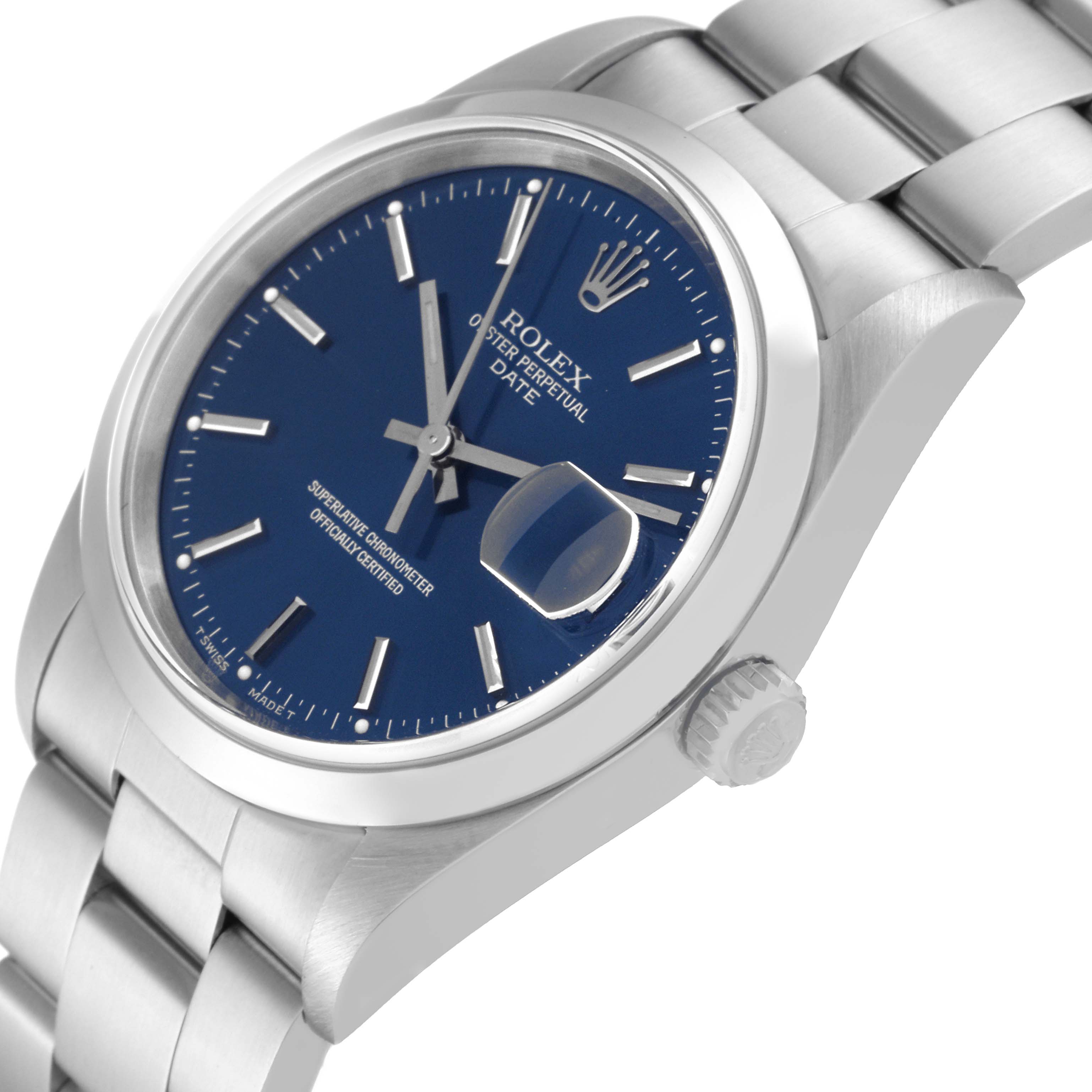 The image shows a Rolex Date 15200 Men's Stainless Steel Blue Dial 15200 Men's Stainless Steel Blue Dial model watch at a tilted angle, highlighting its blue dial, crown, and part of the bracelet.