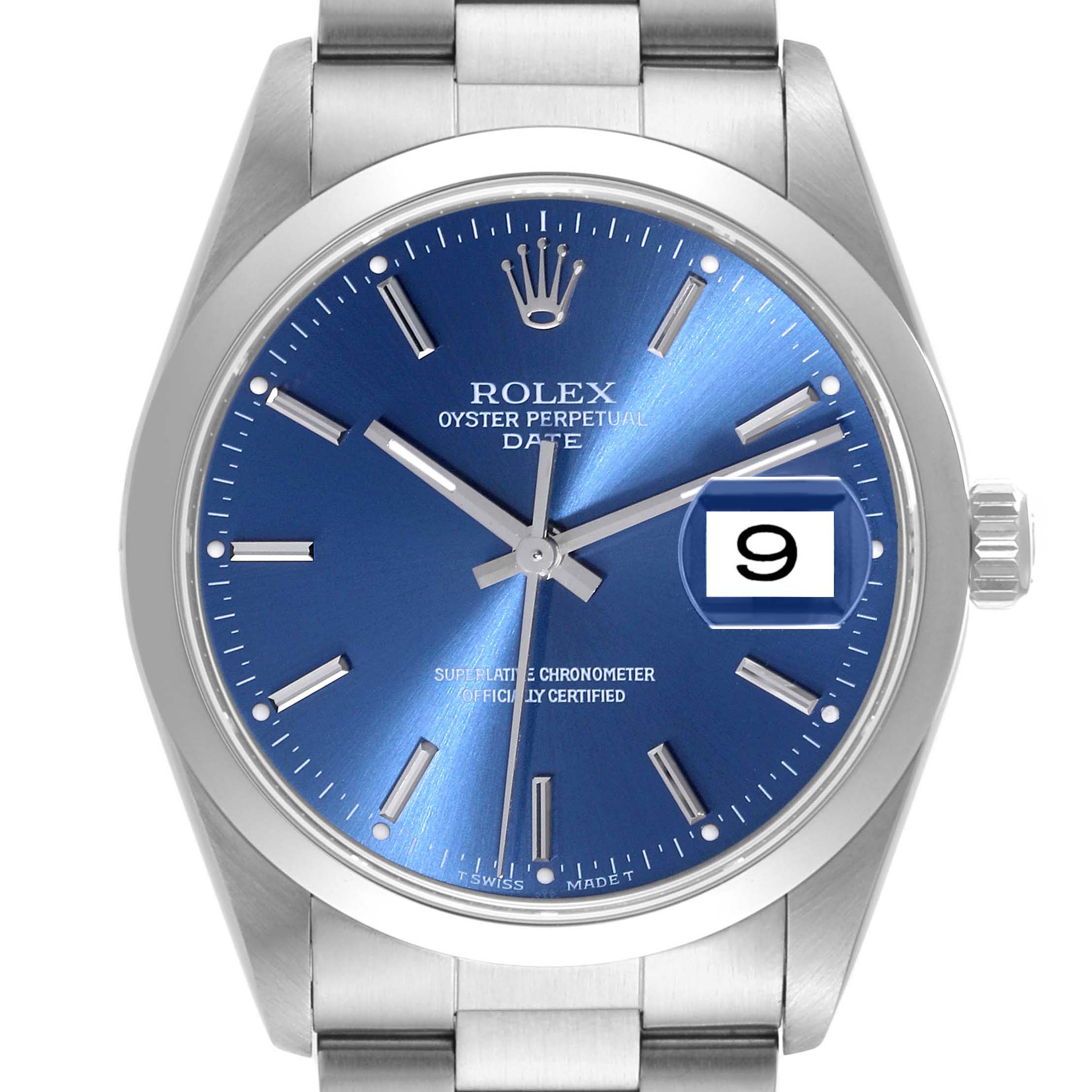 The Rolex Date 15200 Men's Stainless Steel Blue Dial 15200 Men's Stainless Steel Blue Dial model watch is shown from a front angle, displaying the dial, hands, date window, and part of the bracelet.