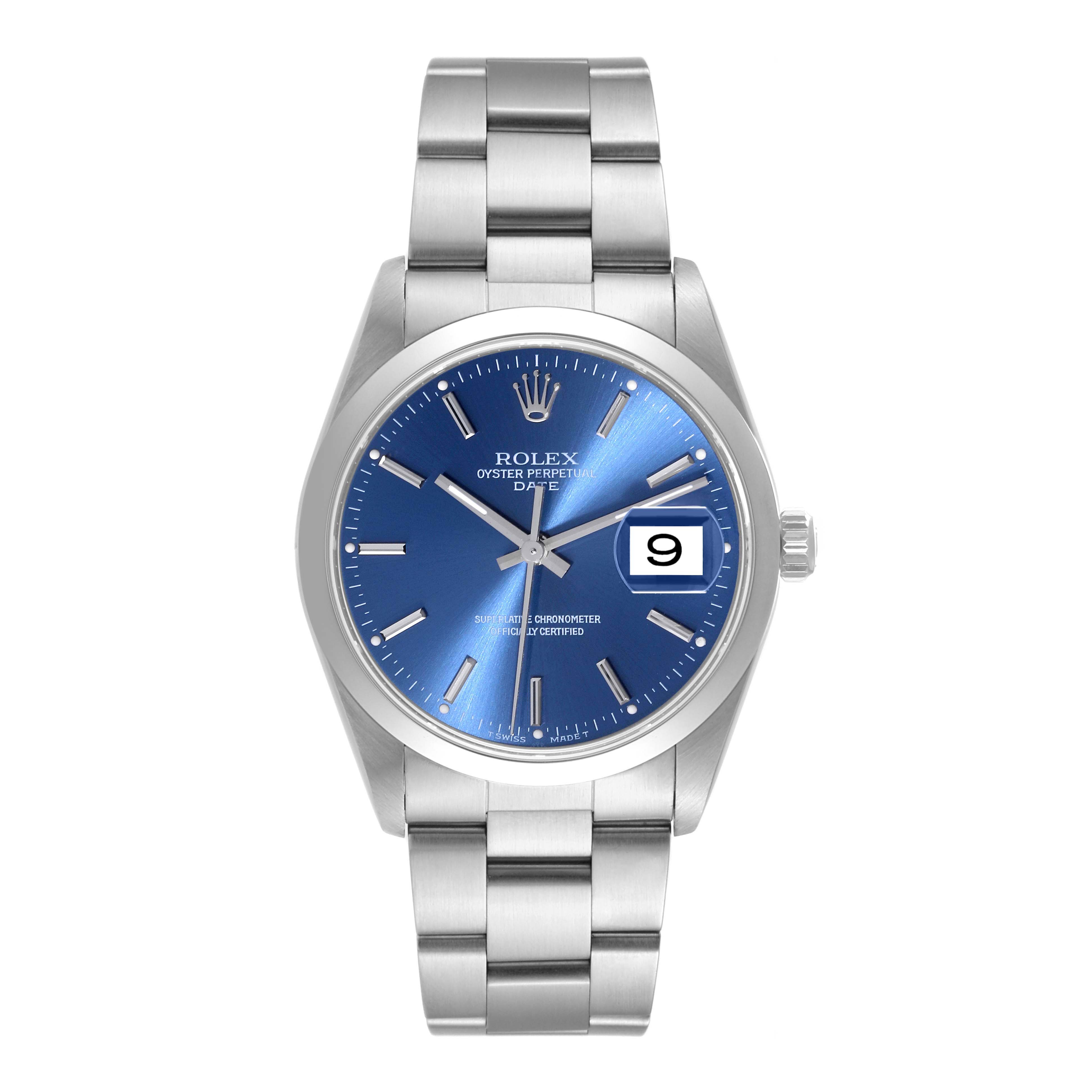 The image shows a front view of the Rolex Oyster Perpetual Date watch, displaying its blue dial, date window, and stainless steel bracelet.