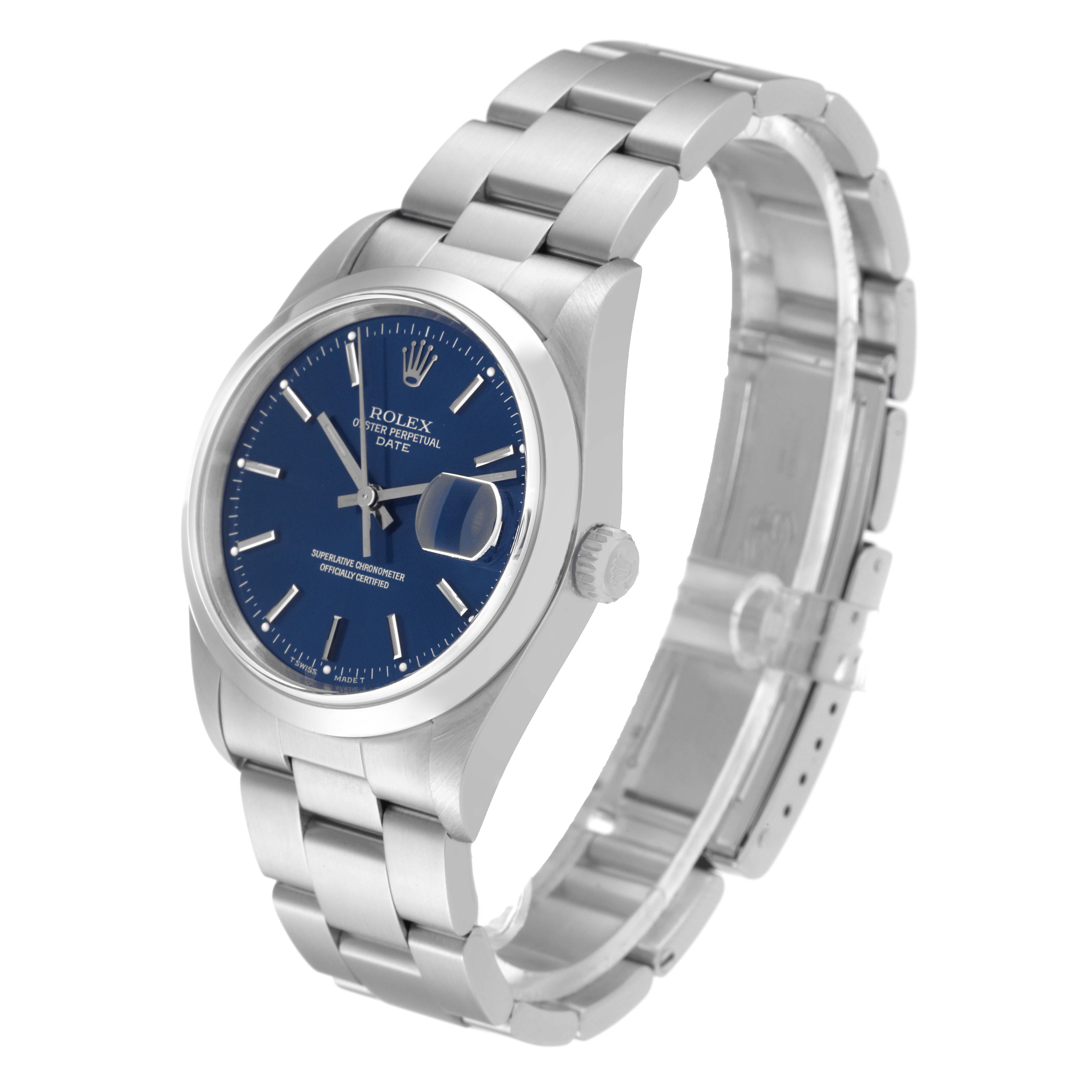 The image shows a three-quarter view of a Rolex Date 15200 Men's Stainless Steel Blue Dial 15200 Men's Stainless Steel Blue Dial model watch, highlighting its blue dial, stainless steel case, and bracelet.