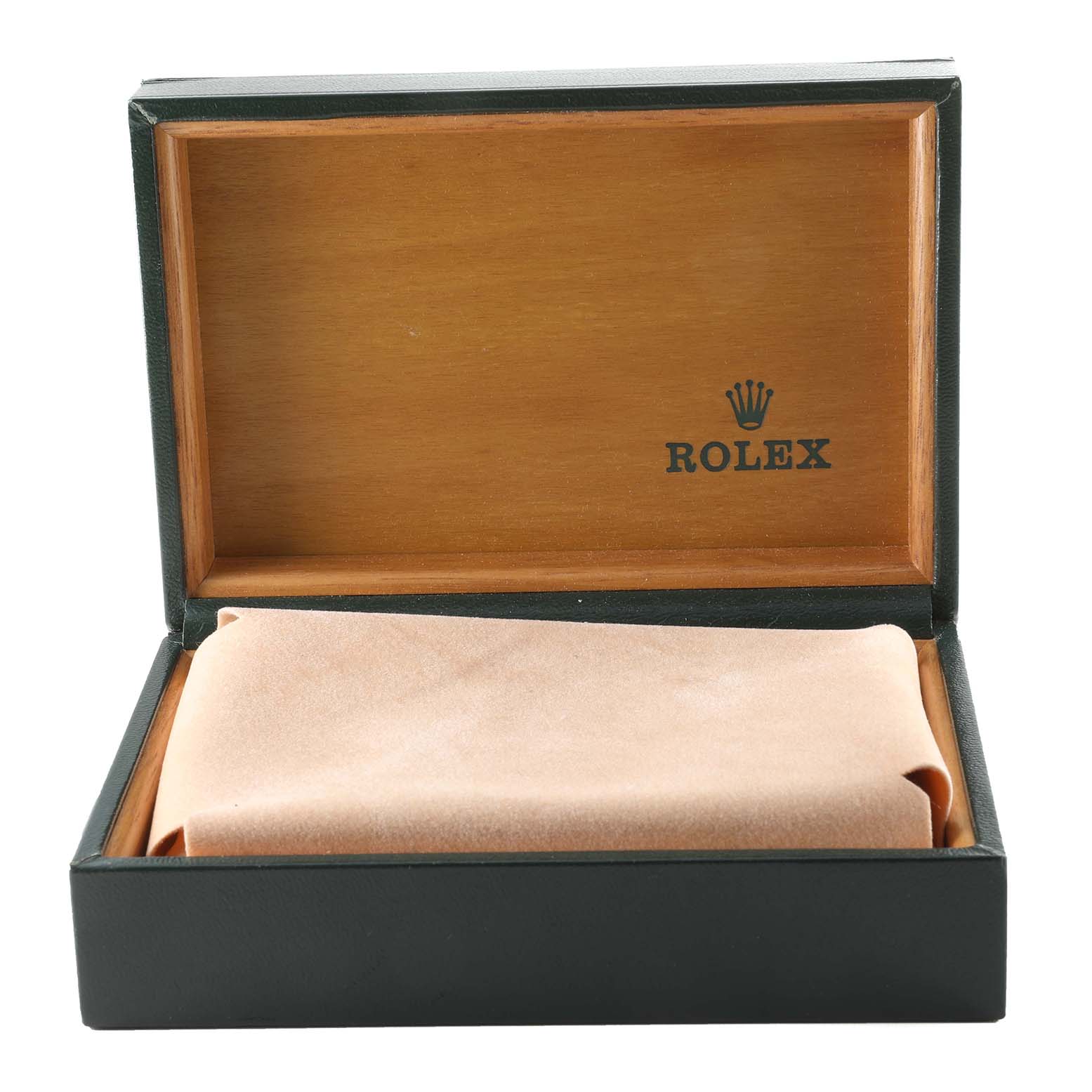 The image shows an open Rolex Date 15200 Men's Stainless Steel Blue Dial 15200 Men's Stainless Steel Blue Dial model watch box with a cushion inside, viewed from the front.