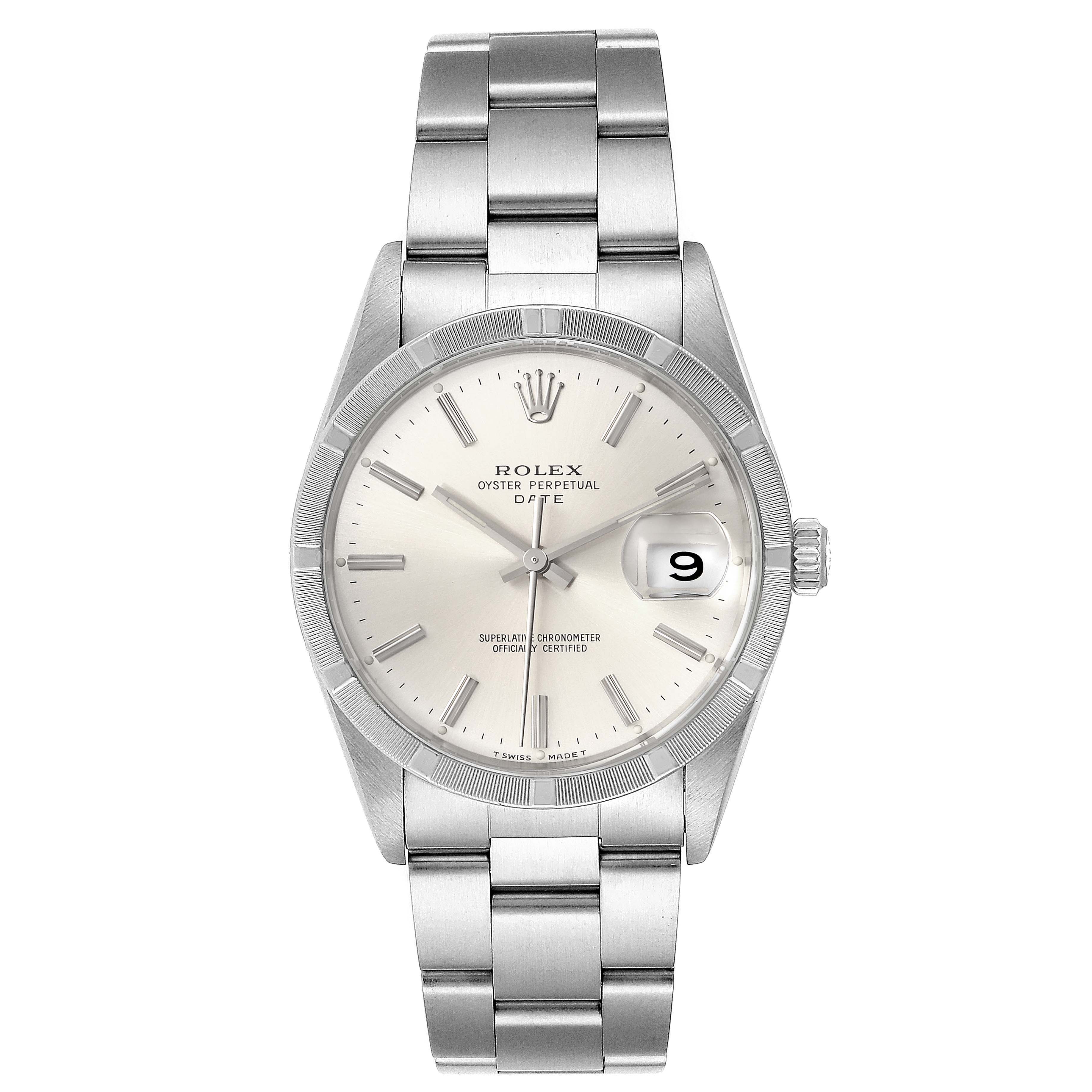 The image shows a frontal view of a Rolex Date 15210 Men's Stainless Steel Silver Dial 15210 Men's Stainless Steel Silver Dial model watch, showcasing its face, bracelet, and crown.