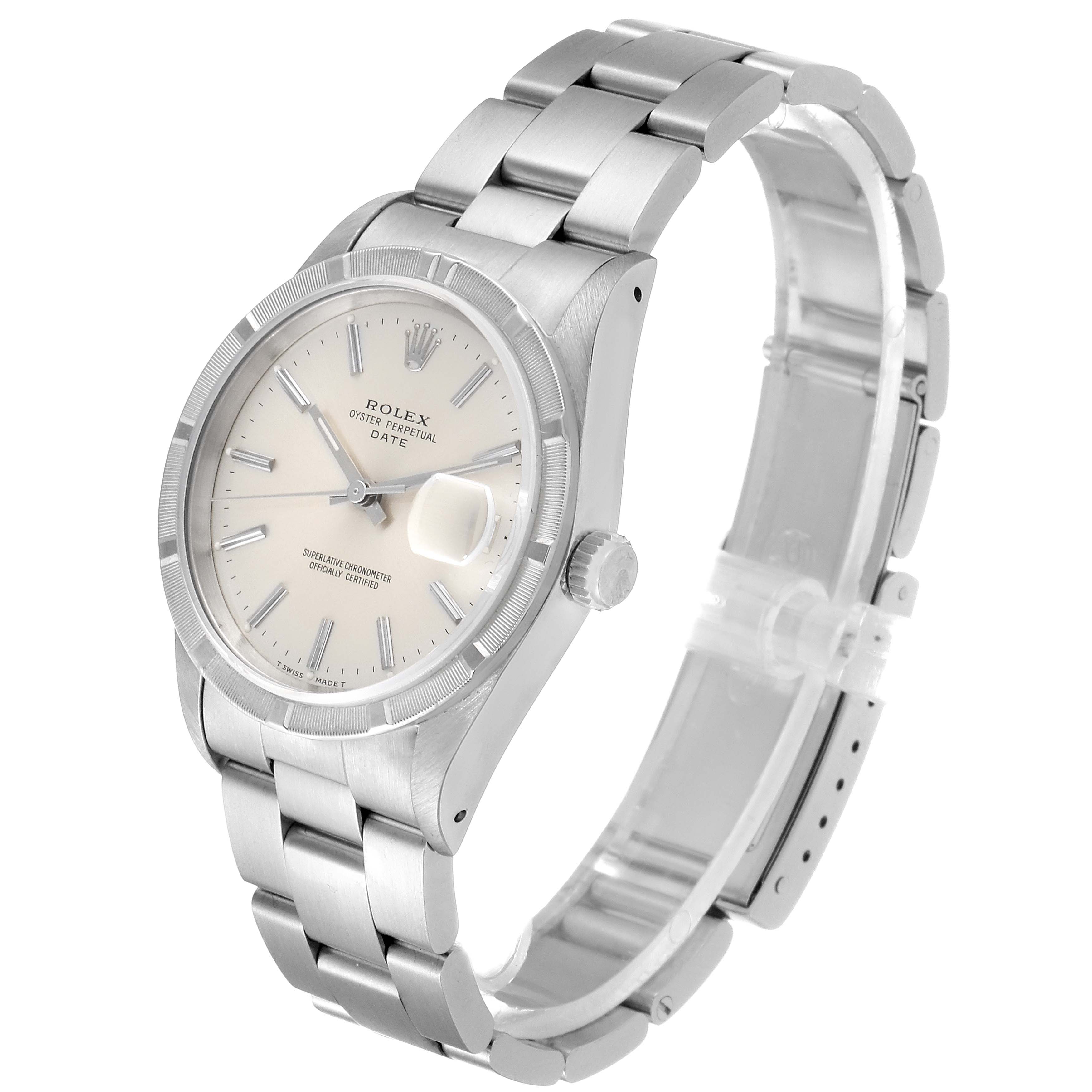 This Rolex Date 15210 Men's Stainless Steel Silver Dial 15210 Men's Stainless Steel Silver Dial model watch is shown at a slight angle, displaying the dial, case, bracelet, crown, and part of the bezel.