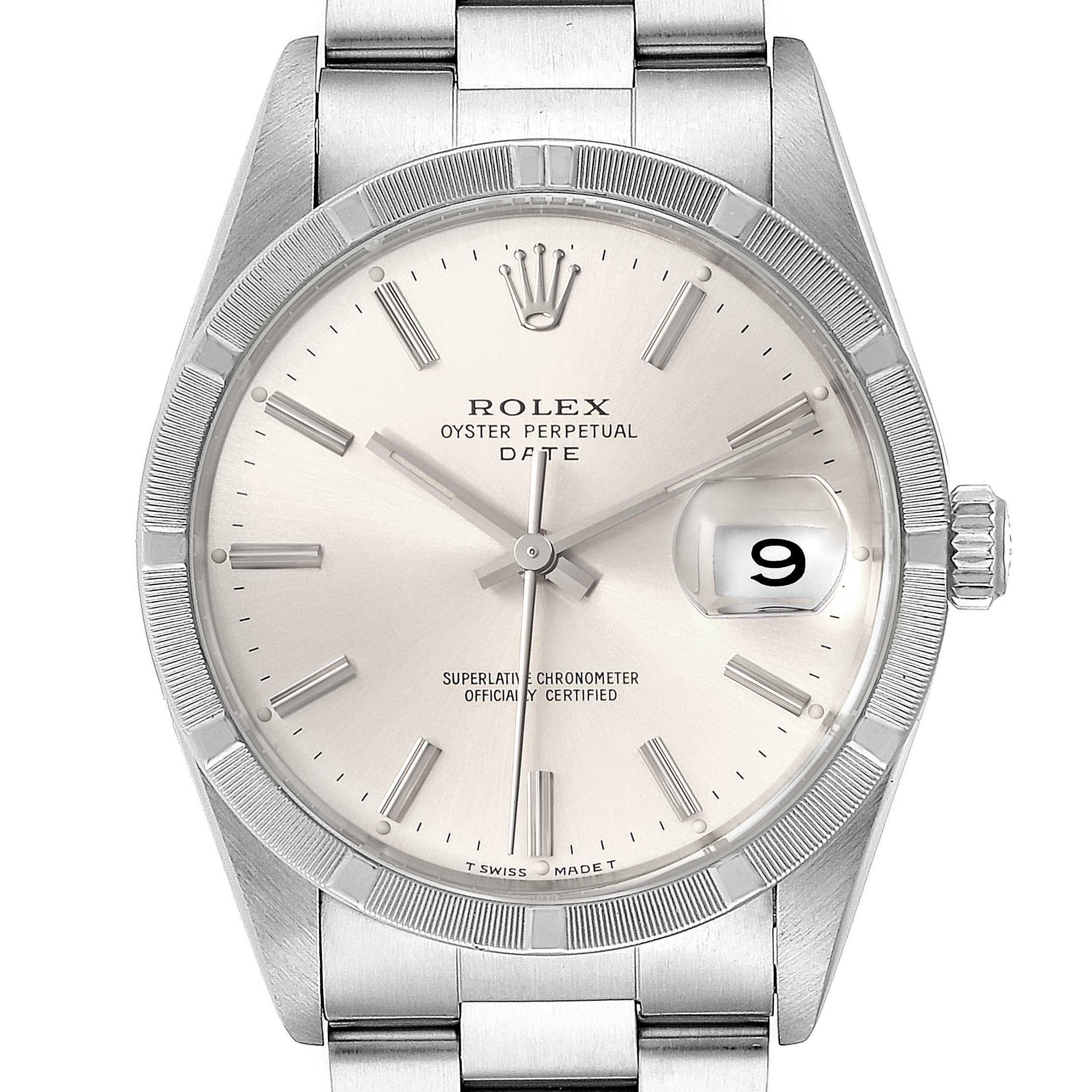 The Rolex Date 15210 Men's Stainless Steel Silver Dial 15210 Men's Stainless Steel Silver Dial model watch is shown from the front, highlighting the dial, bezel, crown, and bracelet.