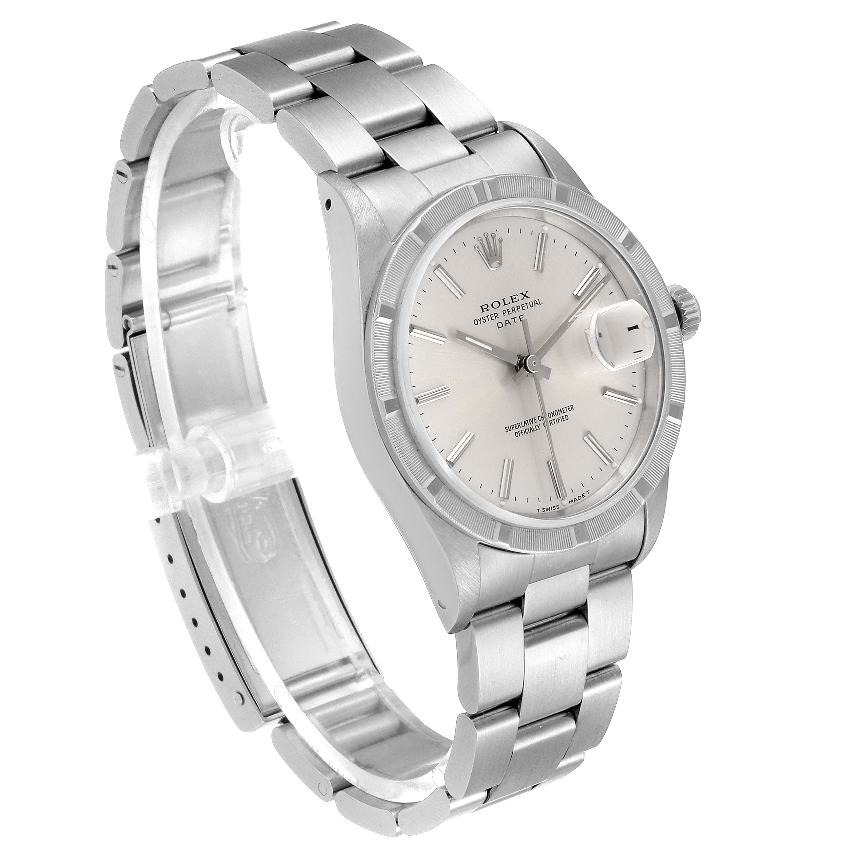 This Rolex Date 15210 Men's Stainless Steel Silver Dial 15210 Men's Stainless Steel Silver Dial model watch is shown at a three-quarter angle, displaying its face, bracelet, and side profile.