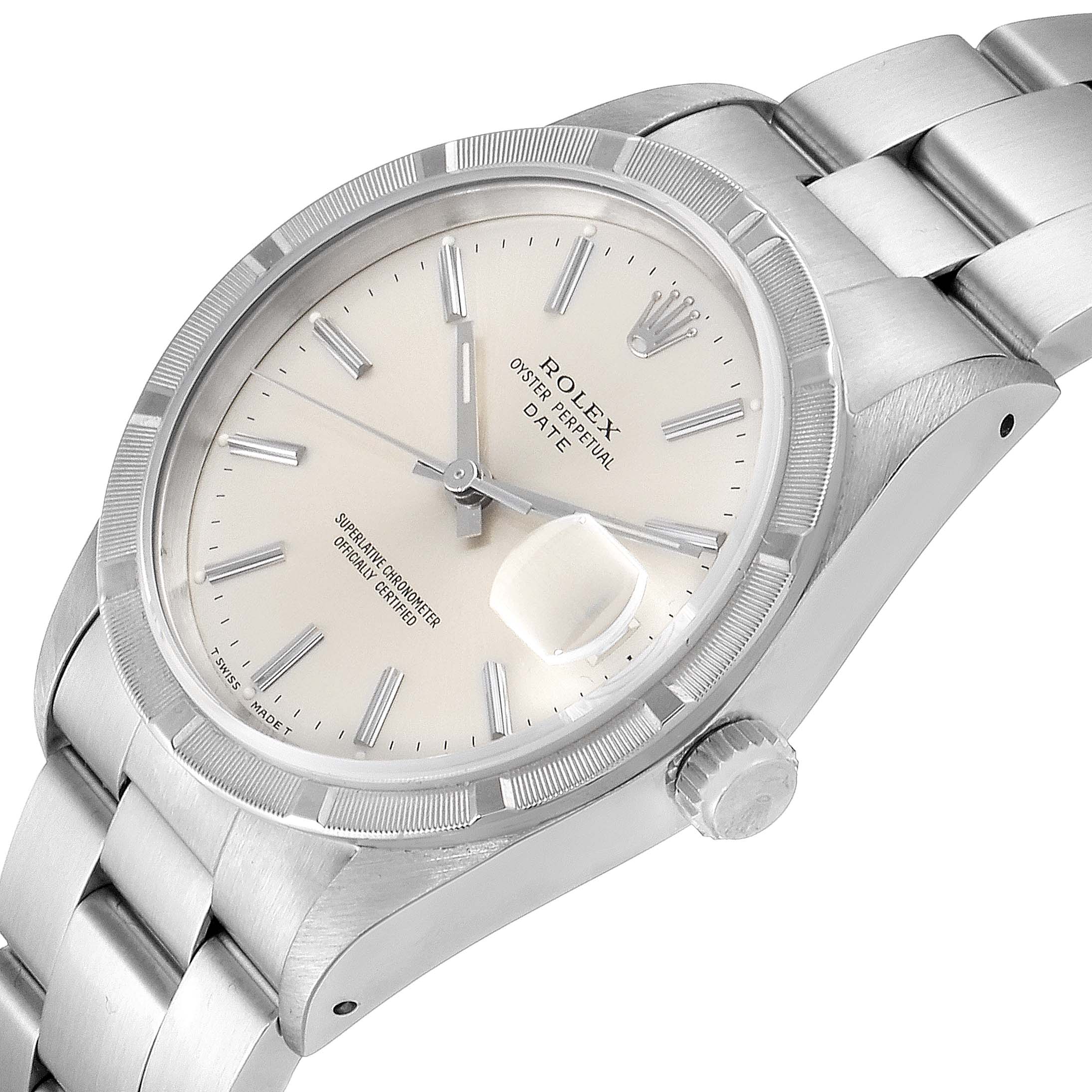 The image shows a close-up of the Rolex Date 15210 Men's Stainless Steel Silver Dial 15210 Men's Stainless Steel Silver Dial model watch, highlighting the dial, bezel, crown, and bracelet.