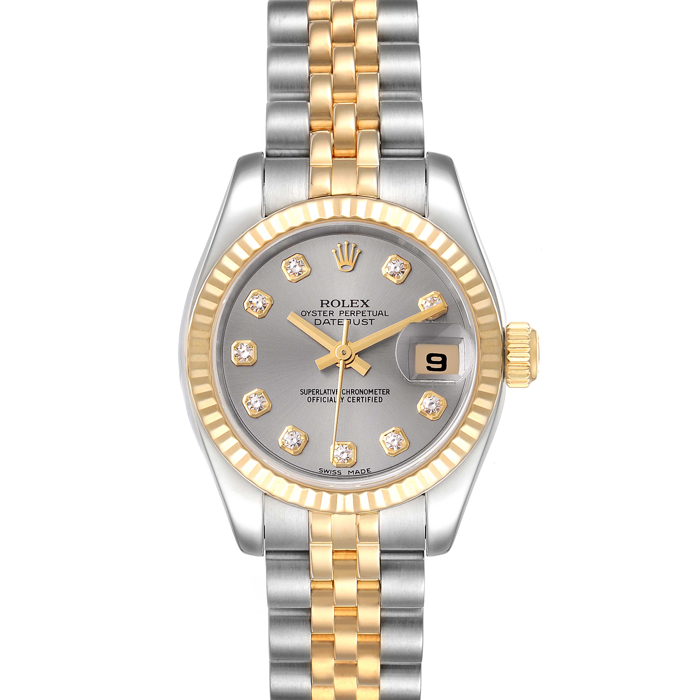 This image shows a front view of the Rolex Datejust 179173 Women
s Steel and Gold (two tone) Grey Dial 179173 Women
s Steel and Gold (two tone) Grey Dial watch, displaying its dial, bezel, and part of the bracelet.