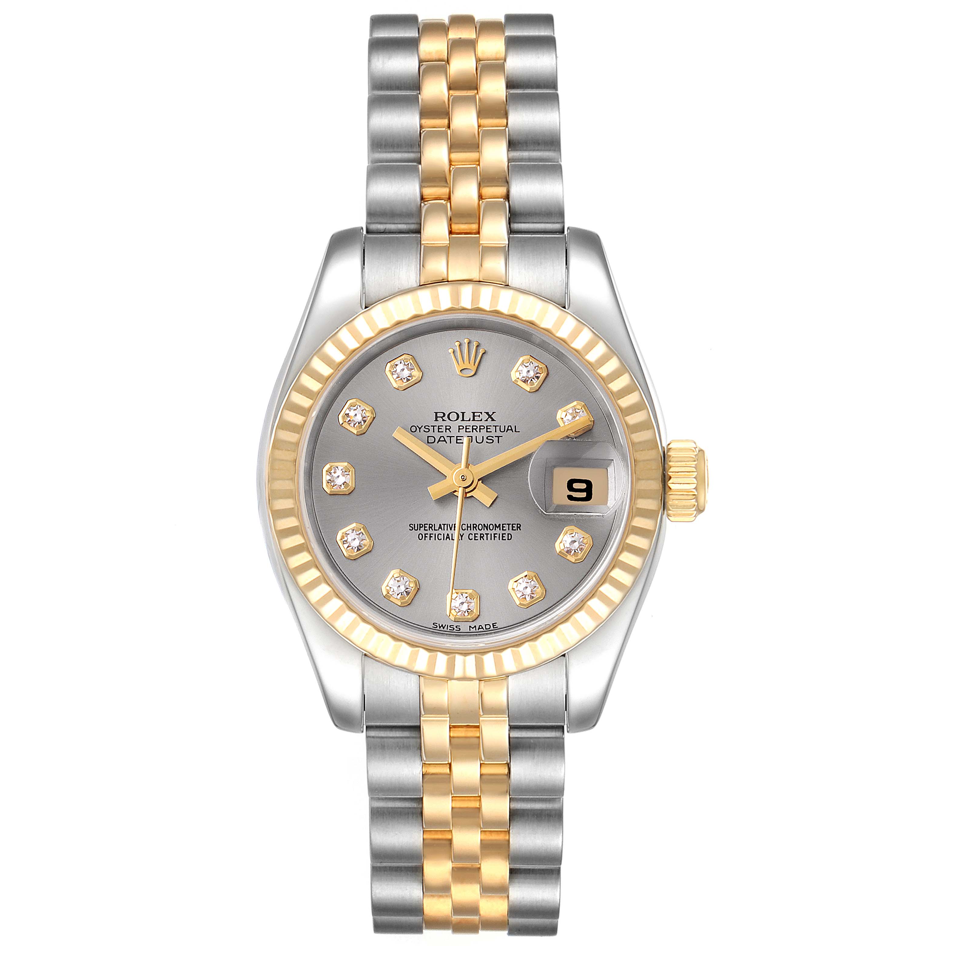 The Rolex Datejust 179173 Women
s Steel and Gold (two tone) Grey Dial 179173 Women
s Steel and Gold (two tone) Grey Dial watch is shown from a top-down angle, displaying the dial, bracelet, bezel, and crown.