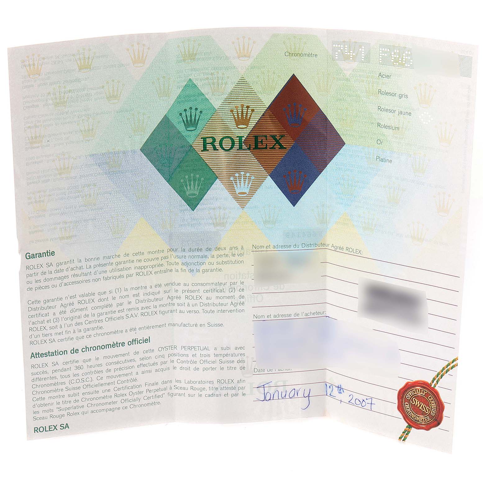 The image shows the warranty certificate for the Rolex Datejust 179173 Women
s Steel and Gold (two tone) Grey Dial 179173 Women
s Steel and Gold (two tone) Grey Dial model, featuring brand logos and purchase details.