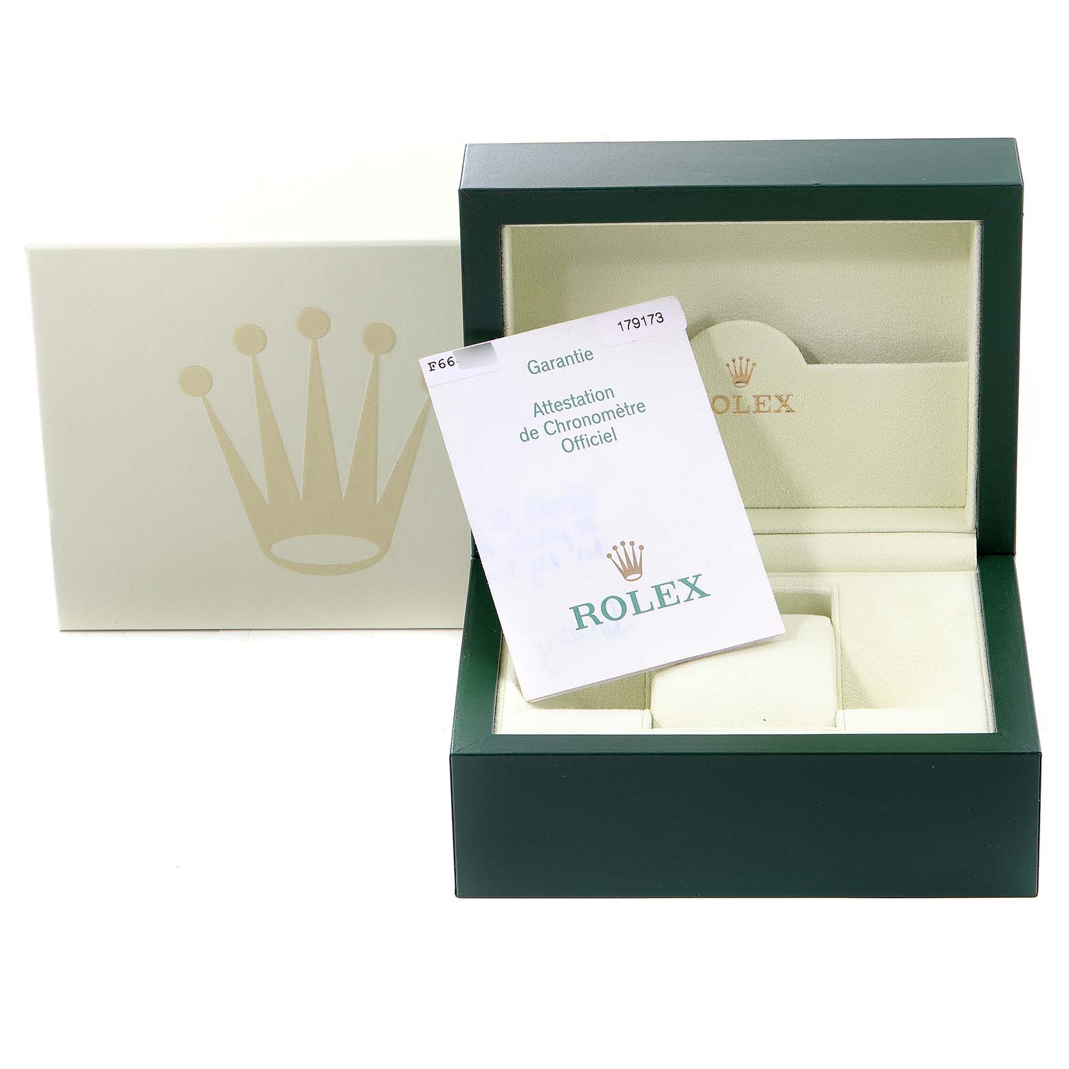 The image shows an open box and certificate for a Rolex Datejust 179173 Women
s Steel and Gold (two tone) Grey Dial 179173 Women
s Steel and Gold (two tone) Grey Dial watch, positioned at a front angle.