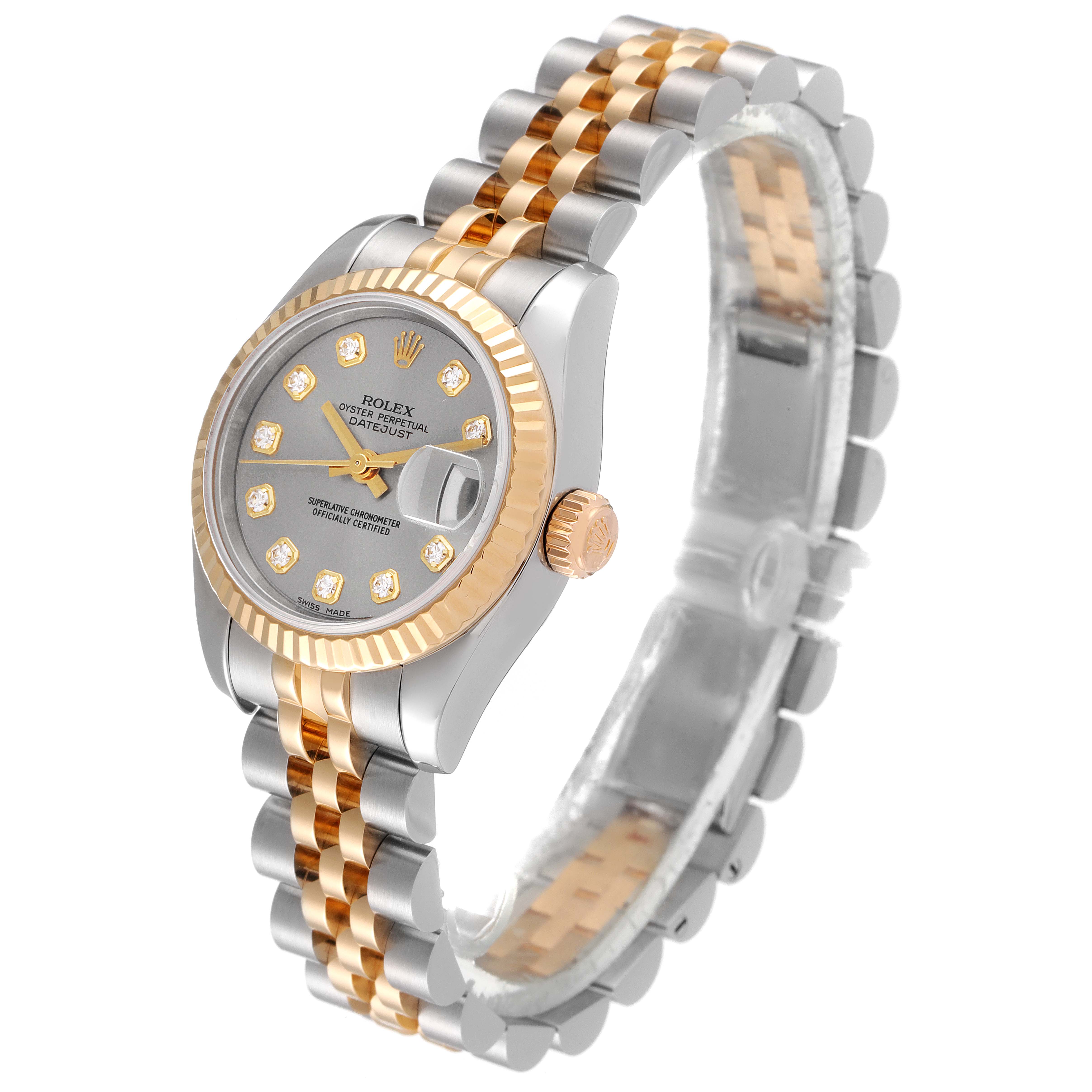 The Rolex Datejust 179173 Women
s Steel and Gold (two tone) Grey Dial 179173 Women
s Steel and Gold (two tone) Grey Dial watch is shown at a three-quarter angle, displaying the face, crown, and bracelet.