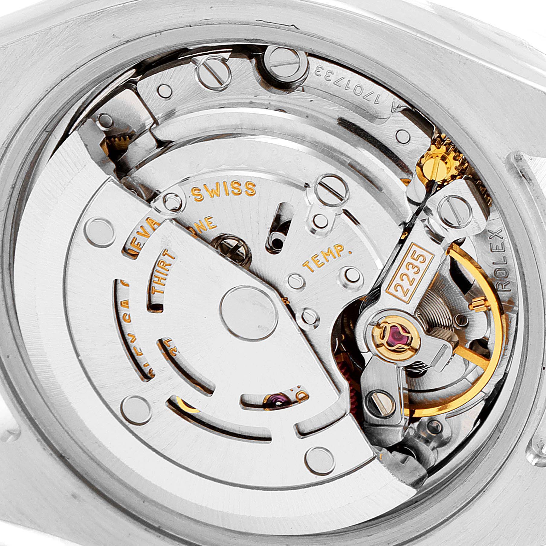 This image shows the internal mechanism of a Rolex Datejust 179173 Women
s Steel and Gold (two tone) Grey Dial 179173 Women
s Steel and Gold (two tone) Grey Dial watch, highlighting the movement parts from a top-down angle.