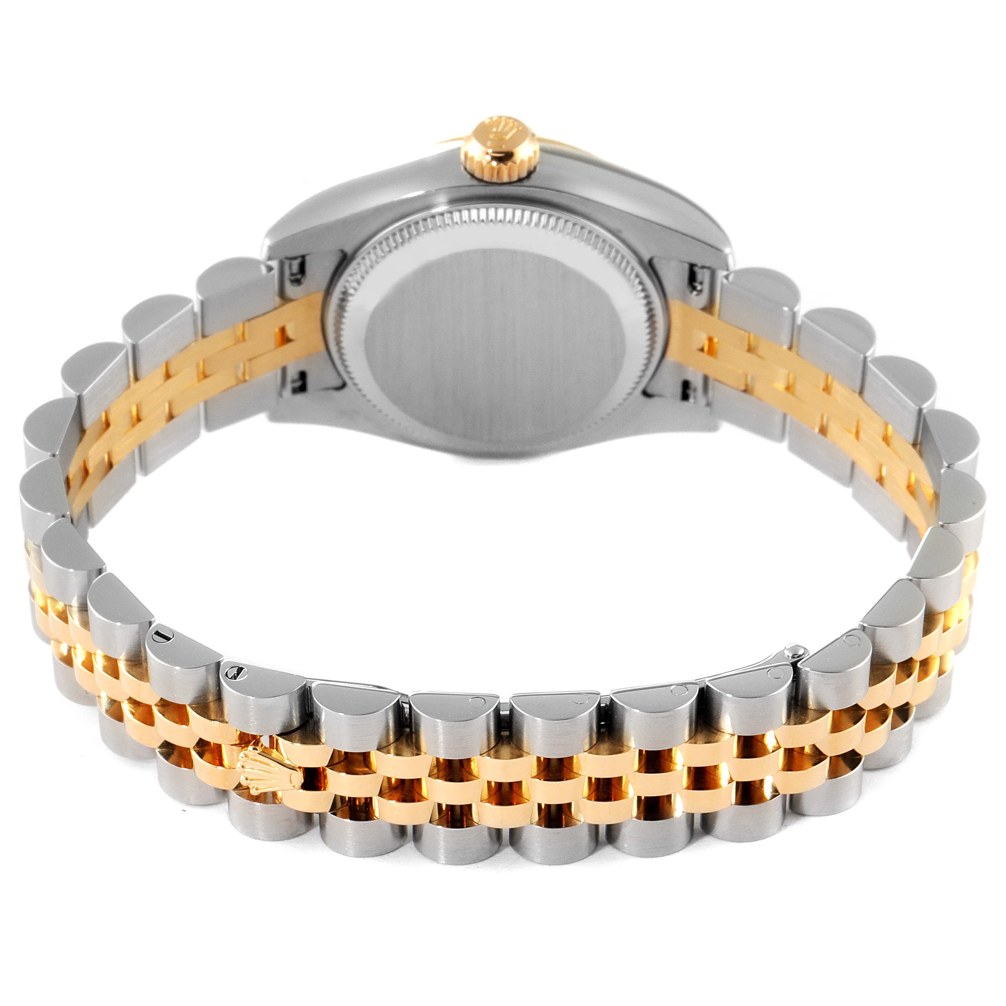 The image shows the back case and two-tone bracelet of a Rolex Datejust 179173 Women
s Steel and Gold (two tone) Grey Dial 179173 Women
s Steel and Gold (two tone) Grey Dial watch from a rear angle.