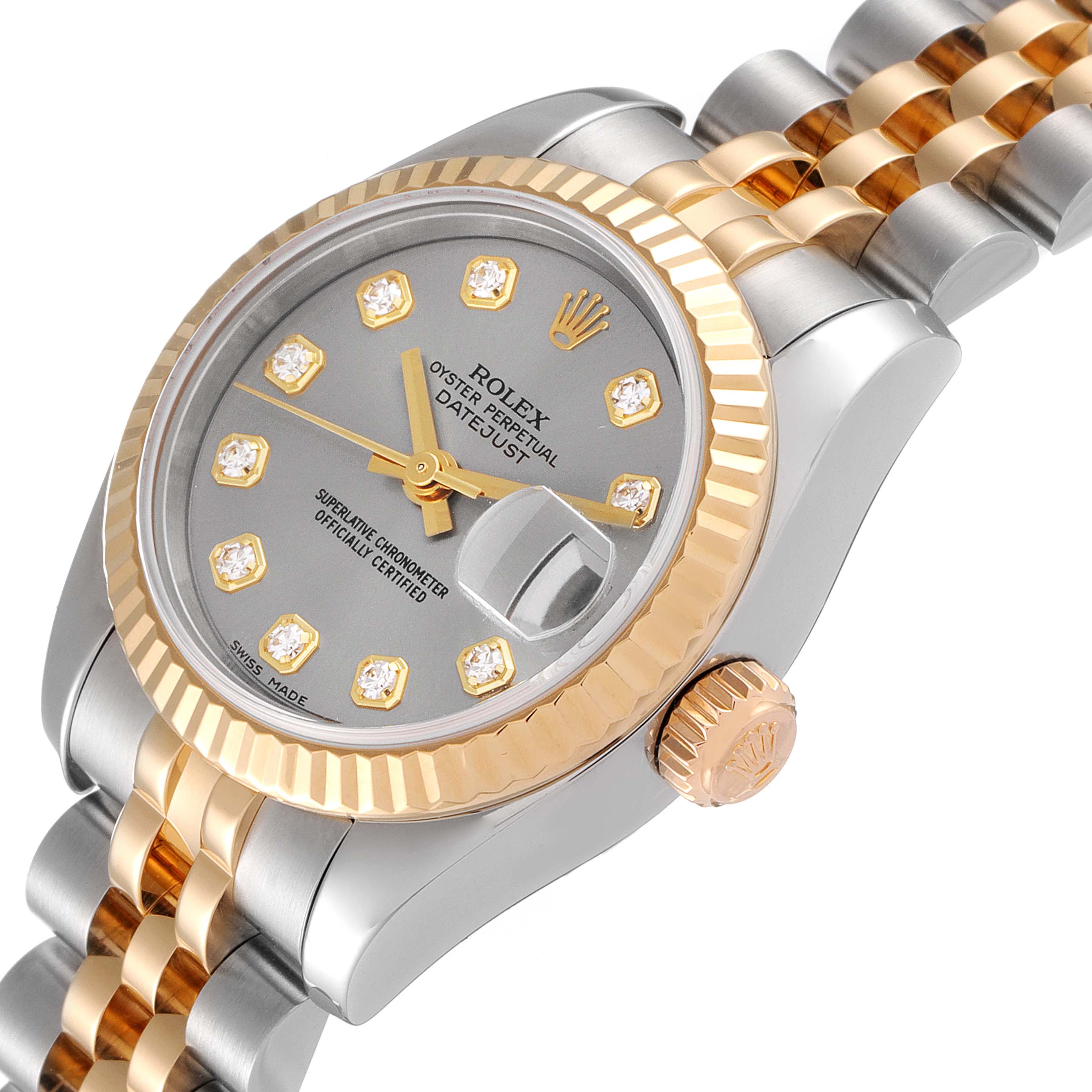 The Rolex Datejust 179173 Women
s Steel and Gold (two tone) Grey Dial 179173 Women
s Steel and Gold (two tone) Grey Dial watch is shown at an angled view highlighting the crown, bezel, dial, and part of the bracelet.