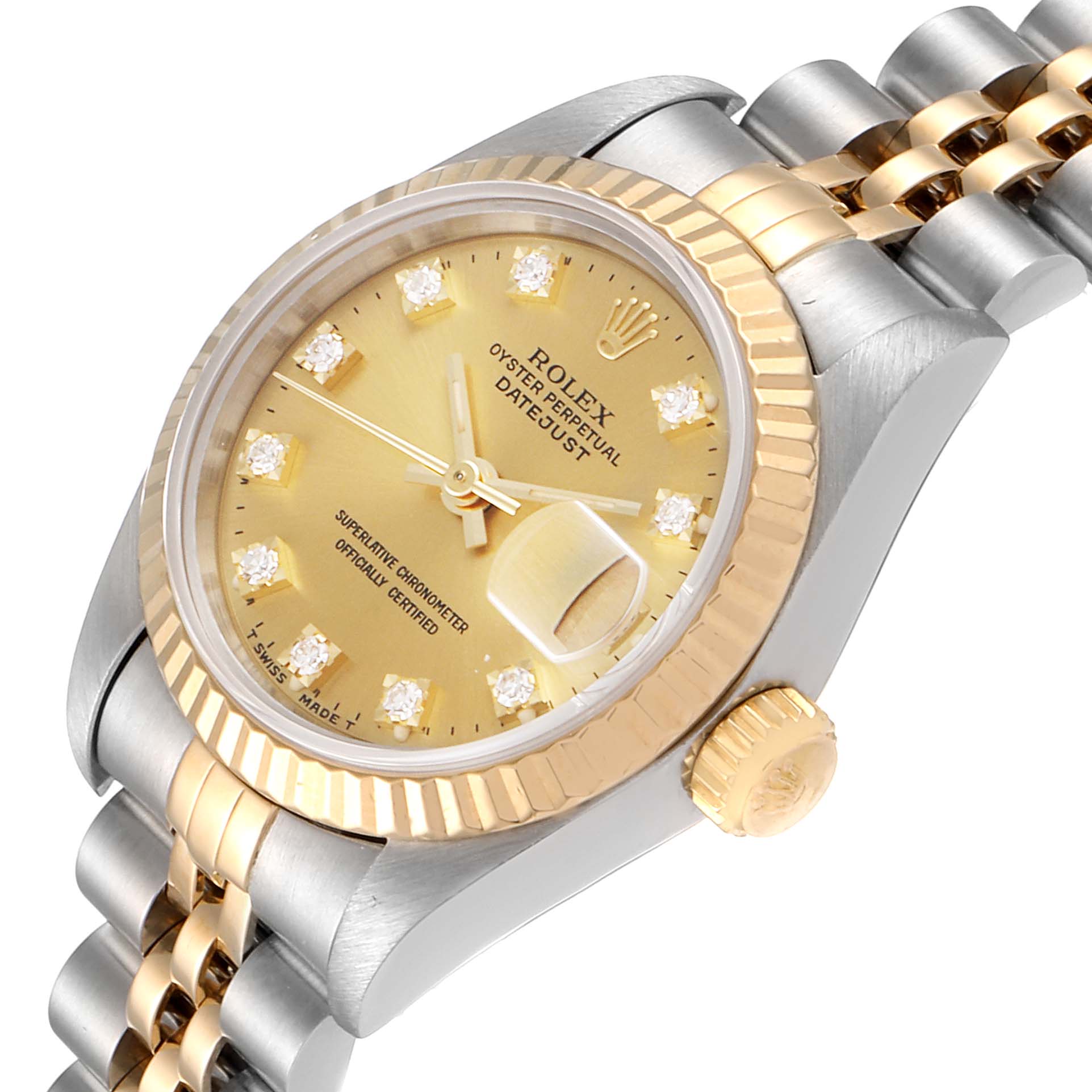 The image shows a close-up angled view of a Rolex Datejust 69173 Women
s Steel and Gold (two tone) Champagne Dial 69173 Women
s Steel and Gold (two tone) Champagne Dial watch, highlighting its bezel, crown, dial, and part of the bracelet.