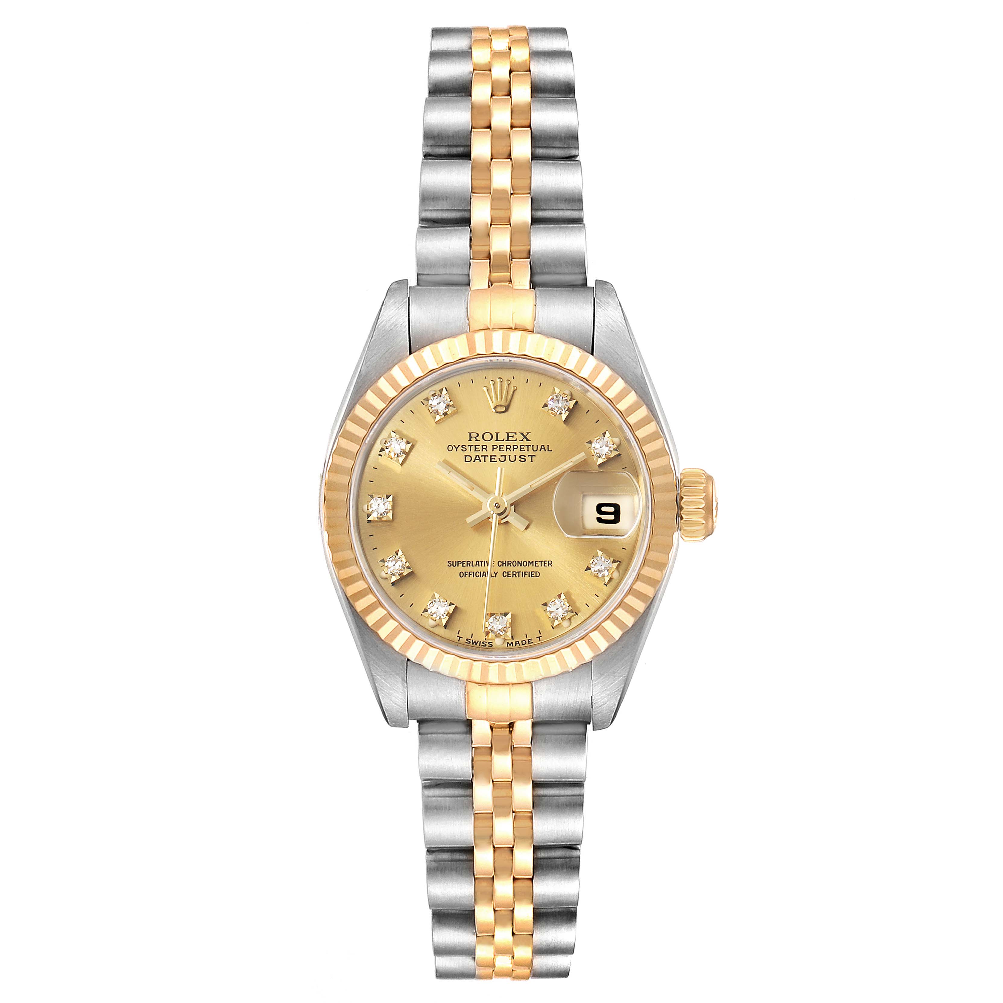 This is a head-on view of a Rolex Datejust 69173 Women
s Steel and Gold (two tone) Champagne Dial 69173 Women
s Steel and Gold (two tone) Champagne Dial, showcasing the dial, bezel, and bracelet.