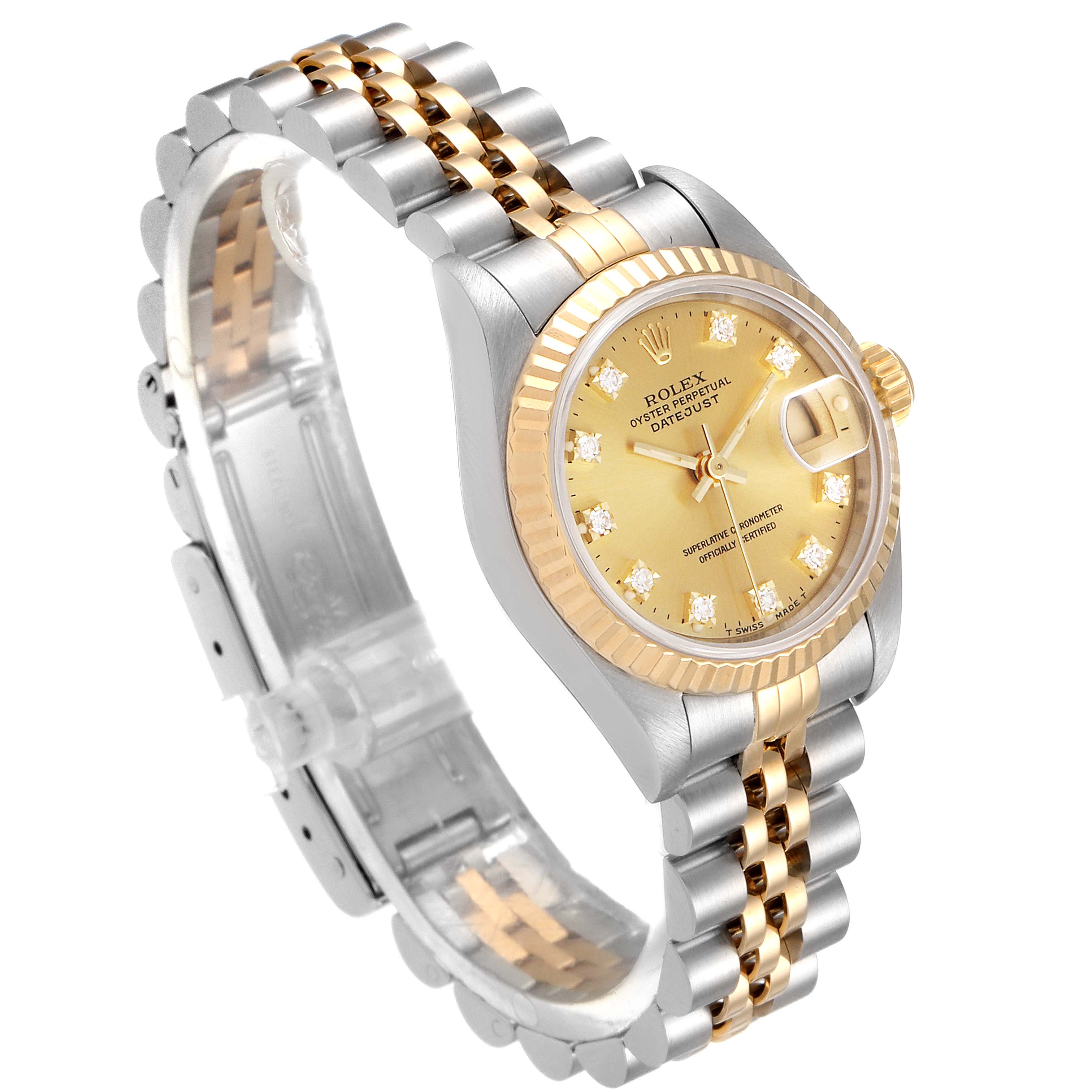 The image shows a Rolex Datejust 69173 Women
s Steel and Gold (two tone) Champagne Dial 69173 Women
s Steel and Gold (two tone) Champagne Dial watch from an angled side view, highlighting the two-tone bracelet, bezel, and dial.