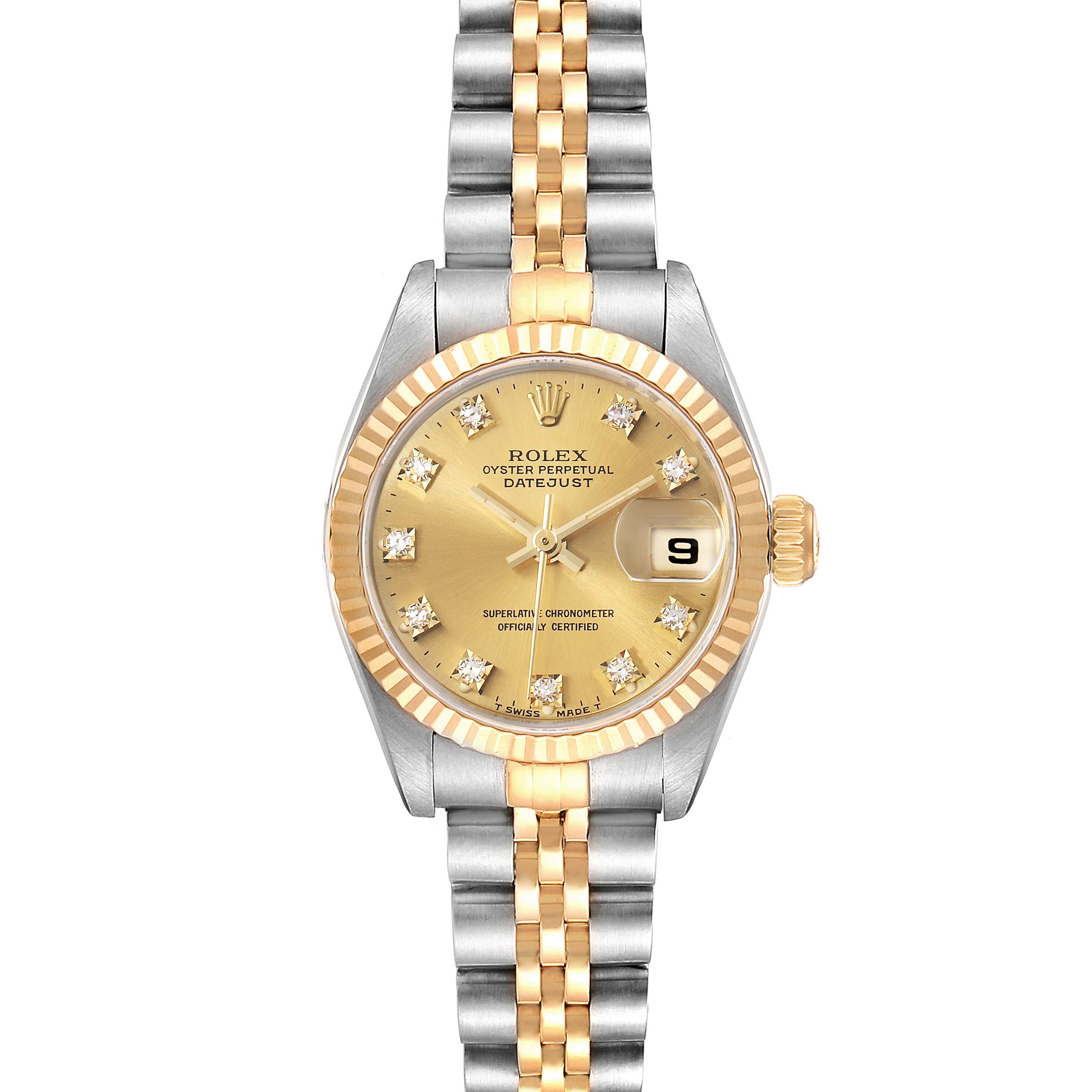 This image shows a front view of the Rolex Datejust 69173 Women
s Steel and Gold (two tone) Champagne Dial 69173 Women
s Steel and Gold (two tone) Champagne Dial watch, highlighting the dial, bezel, and bracelet.