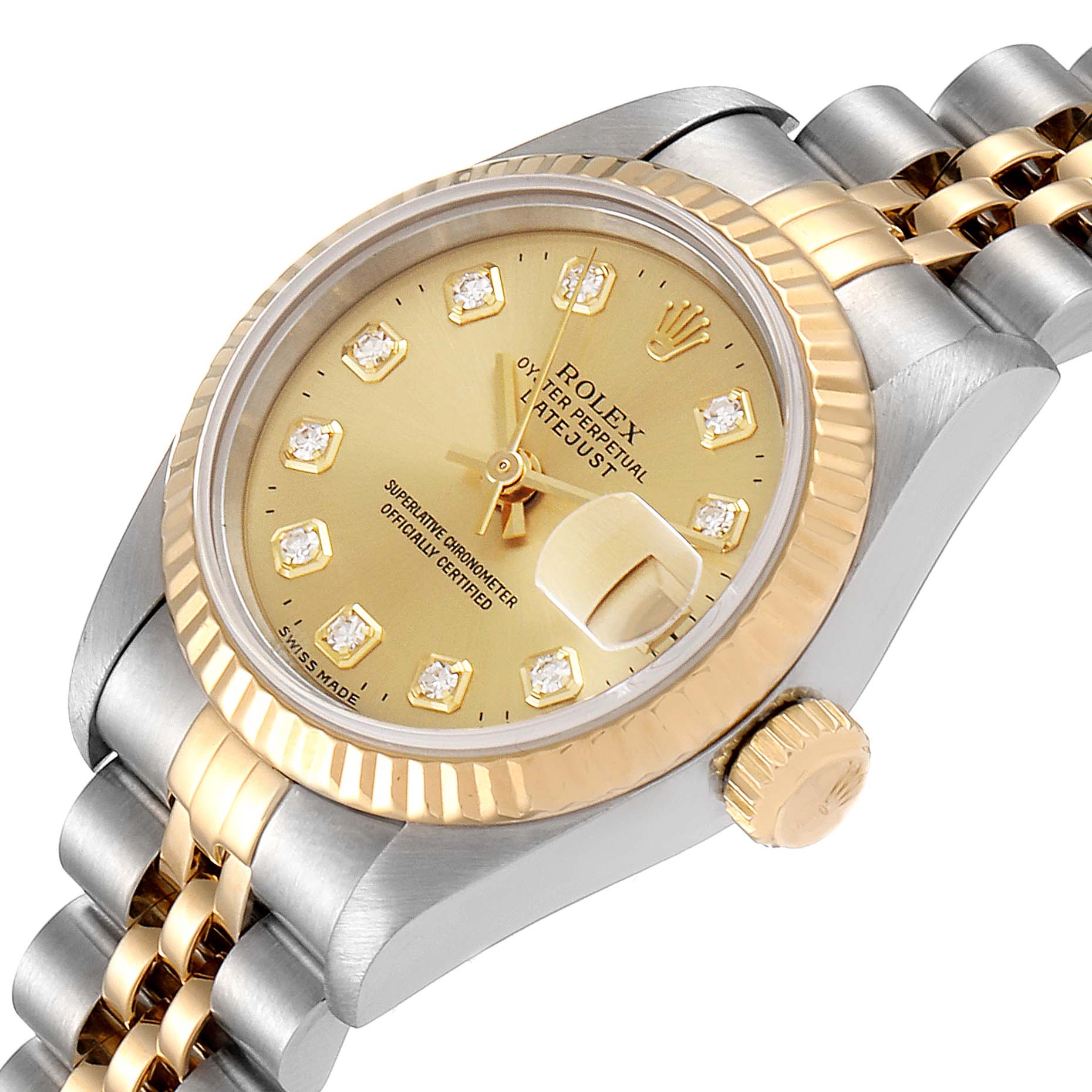 The image shows a Rolex Datejust 69173 Women
s Steel and Gold (two tone) Champagne Dial 69173 Women
s Steel and Gold (two tone) Champagne Dial watch at an angled top view highlighting the gold dial, bezel, and partially the bracelet.