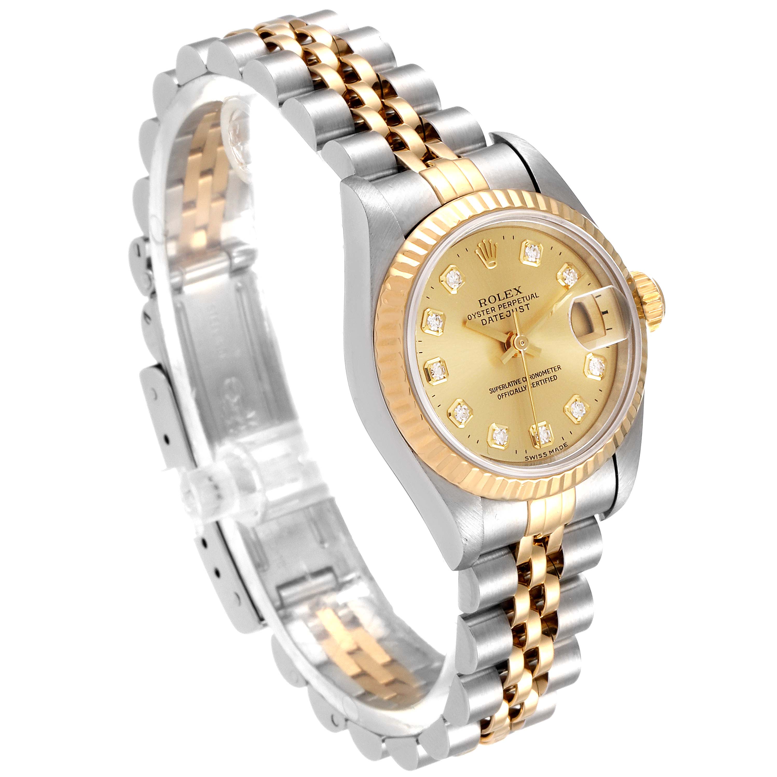 The image shows a Rolex Datejust 69173 Women
s Steel and Gold (two tone) Champagne Dial 69173 Women
s Steel and Gold (two tone) Champagne Dial watch at a three-quarter angle, displaying the face, bezel, and Jubilee bracelet.