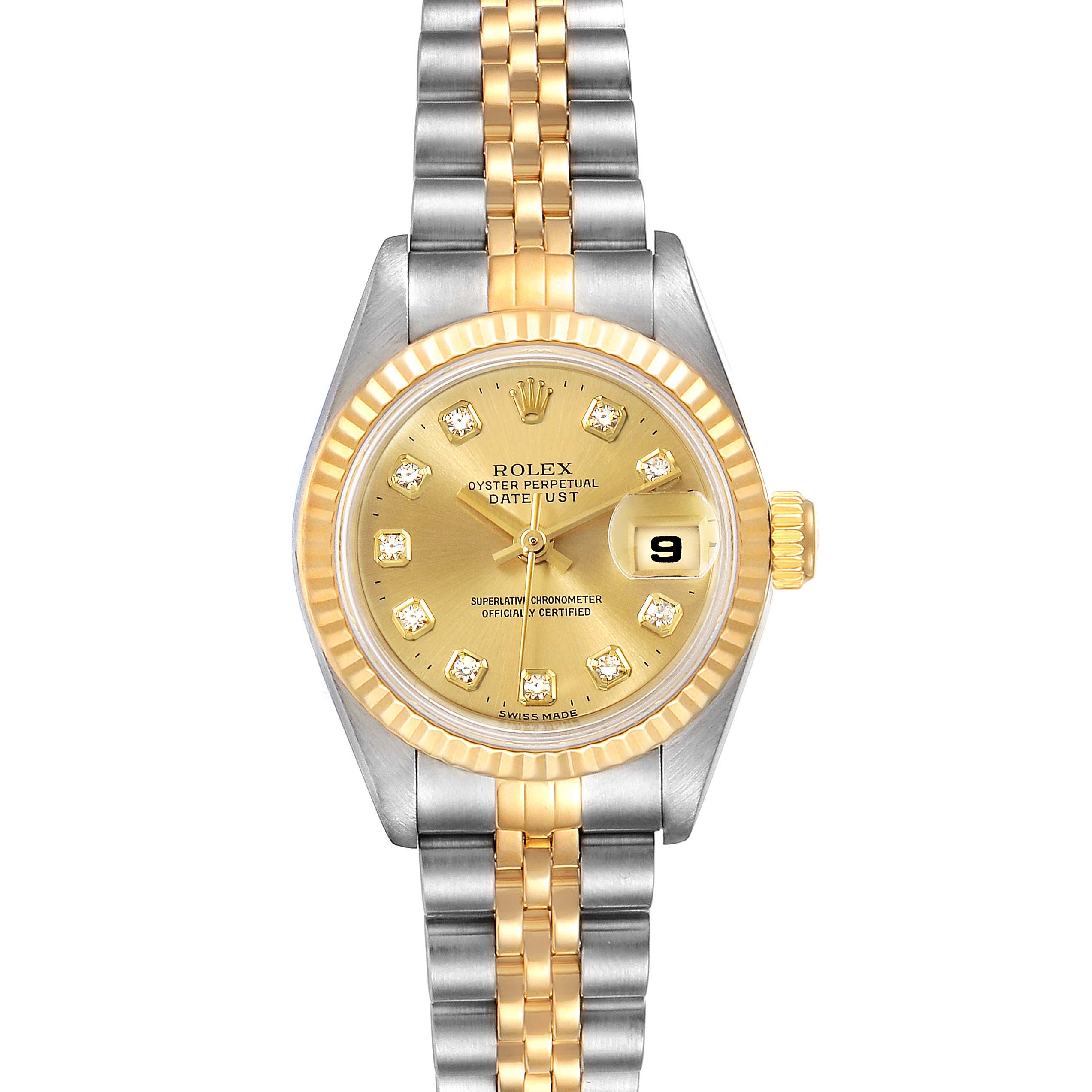 The Rolex Datejust 69173 Women
s Steel and Gold (two tone) Champagne Dial 69173 Women
s Steel and Gold (two tone) Champagne Dial watch is shown from a top-down angle, displaying its face, bezel, and bracelet.