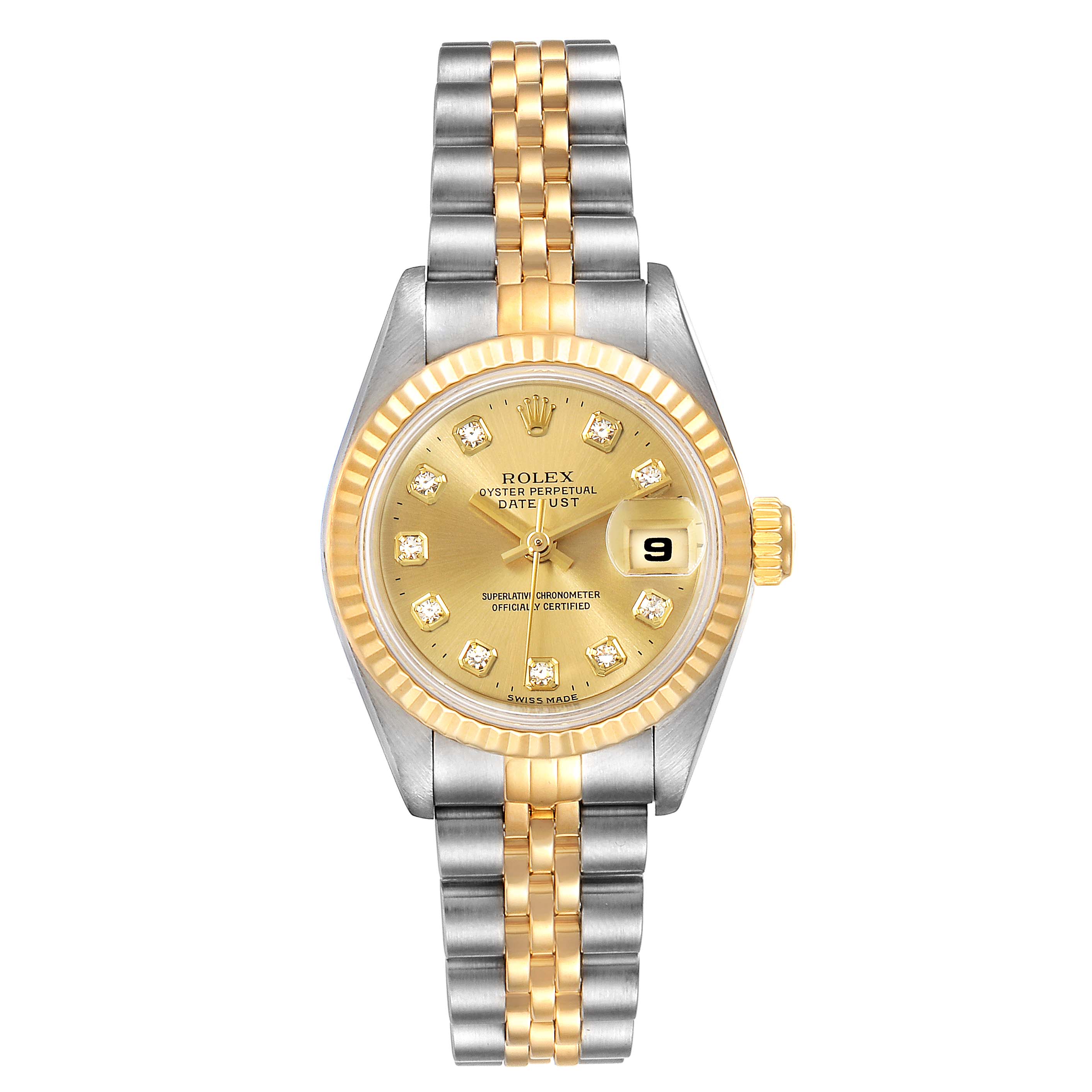 This image shows a front view of a Rolex Datejust 69173 Women
s Steel and Gold (two tone) Champagne Dial 69173 Women
s Steel and Gold (two tone) Champagne Dial watch, showcasing its gold dial, diamond hour markers, date display, and two-tone band.