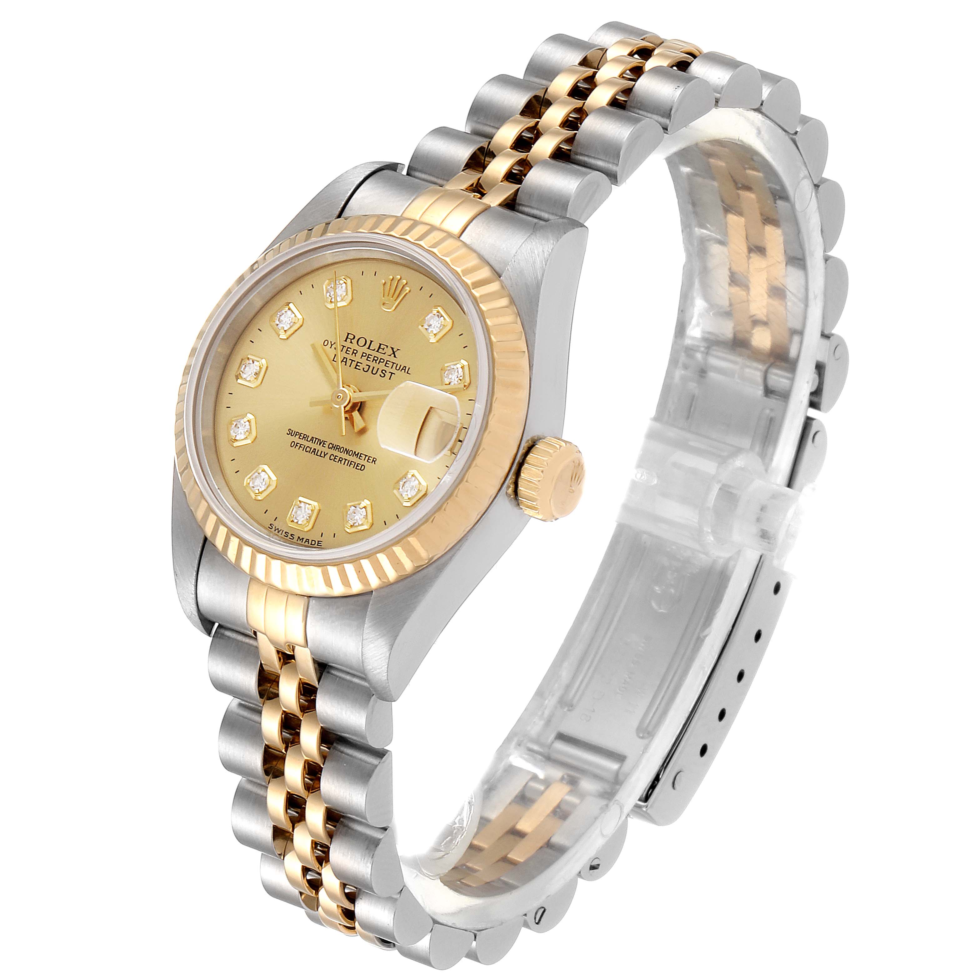 This image shows a Rolex Datejust 69173 Women
s Steel and Gold (two tone) Champagne Dial 69173 Women
s Steel and Gold (two tone) Champagne Dial watch at an angle, displaying its face, dial, bezel, and two-tone jubilee bracelet.