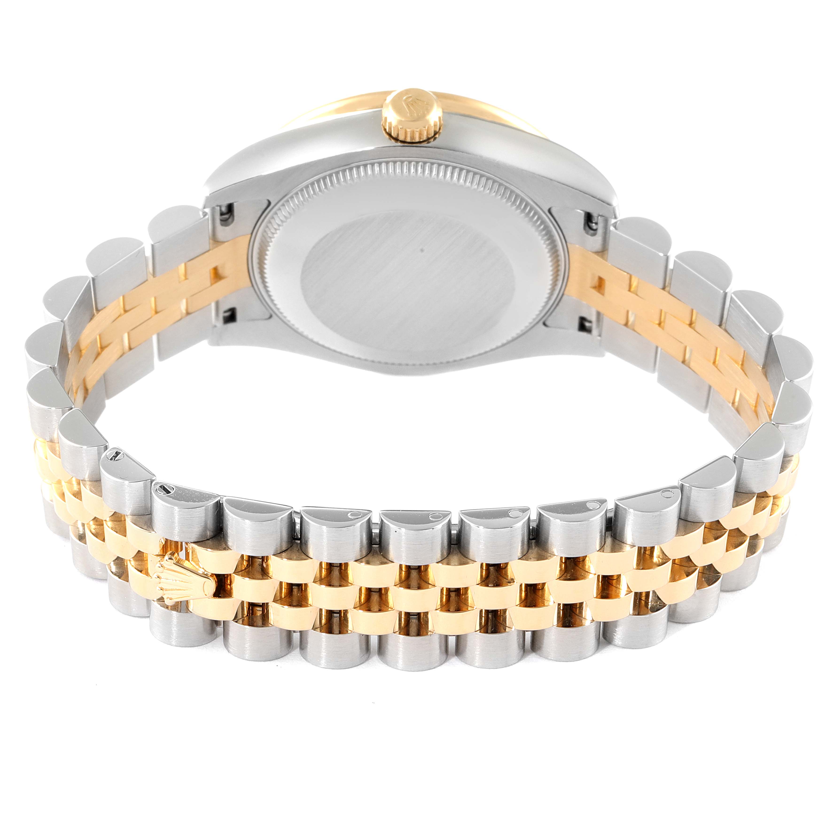 The image shows the back and bracelet of a Rolex Mid-Size 178383 Women
s Steel and Gold (two tone) Champagne Dial 178383 Women
s Steel and Gold (two tone) Champagne Dial model watch, highlighting its two-tone gold and silver Jubilee bracelet.