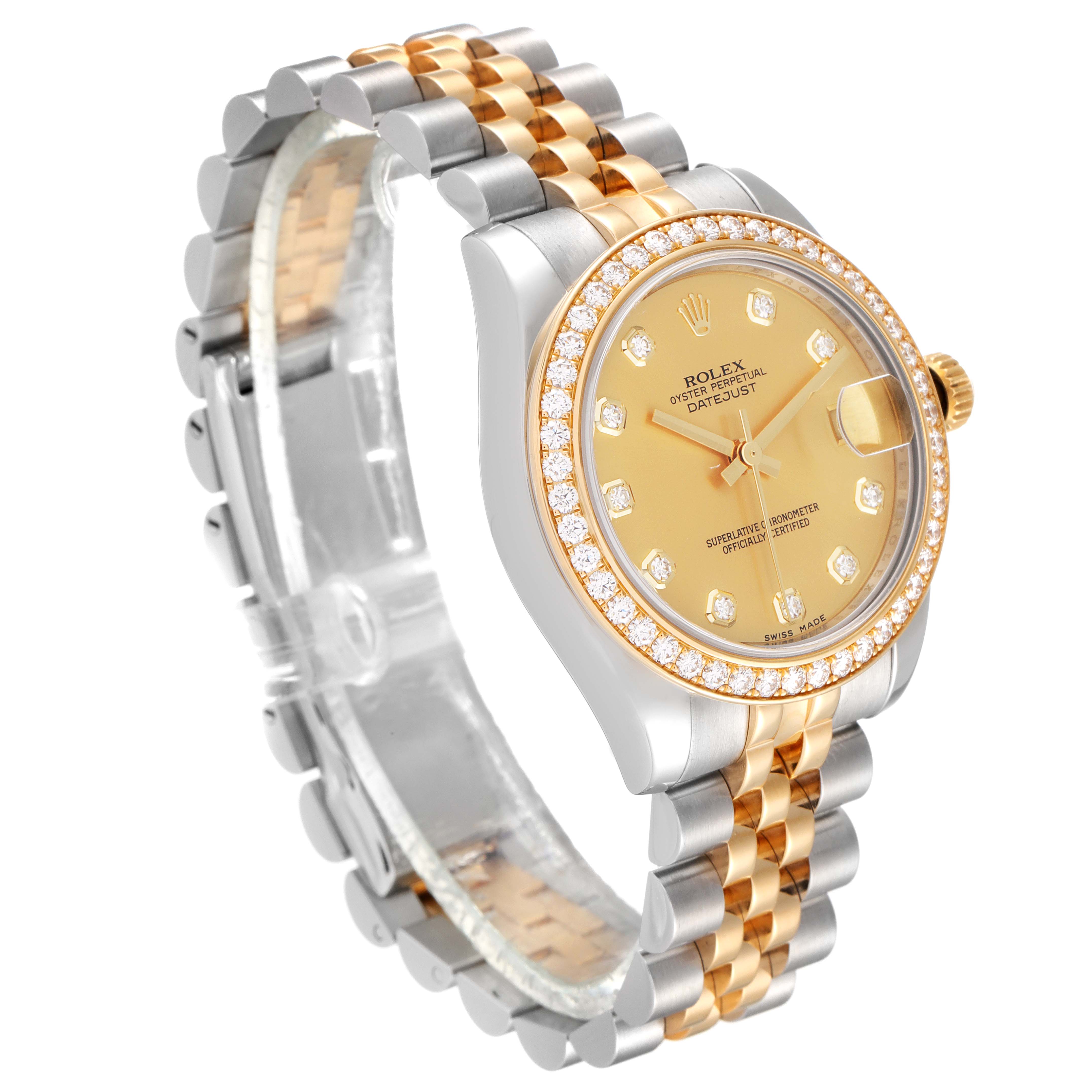 The image shows a gold and silver Rolex Mid-Size 178383 Women
s Steel and Gold (two tone) Champagne Dial 178383 Women
s Steel and Gold (two tone) Champagne Dial Datejust watch at an oblique angle, highlighting the face, bezel, and bracelet.