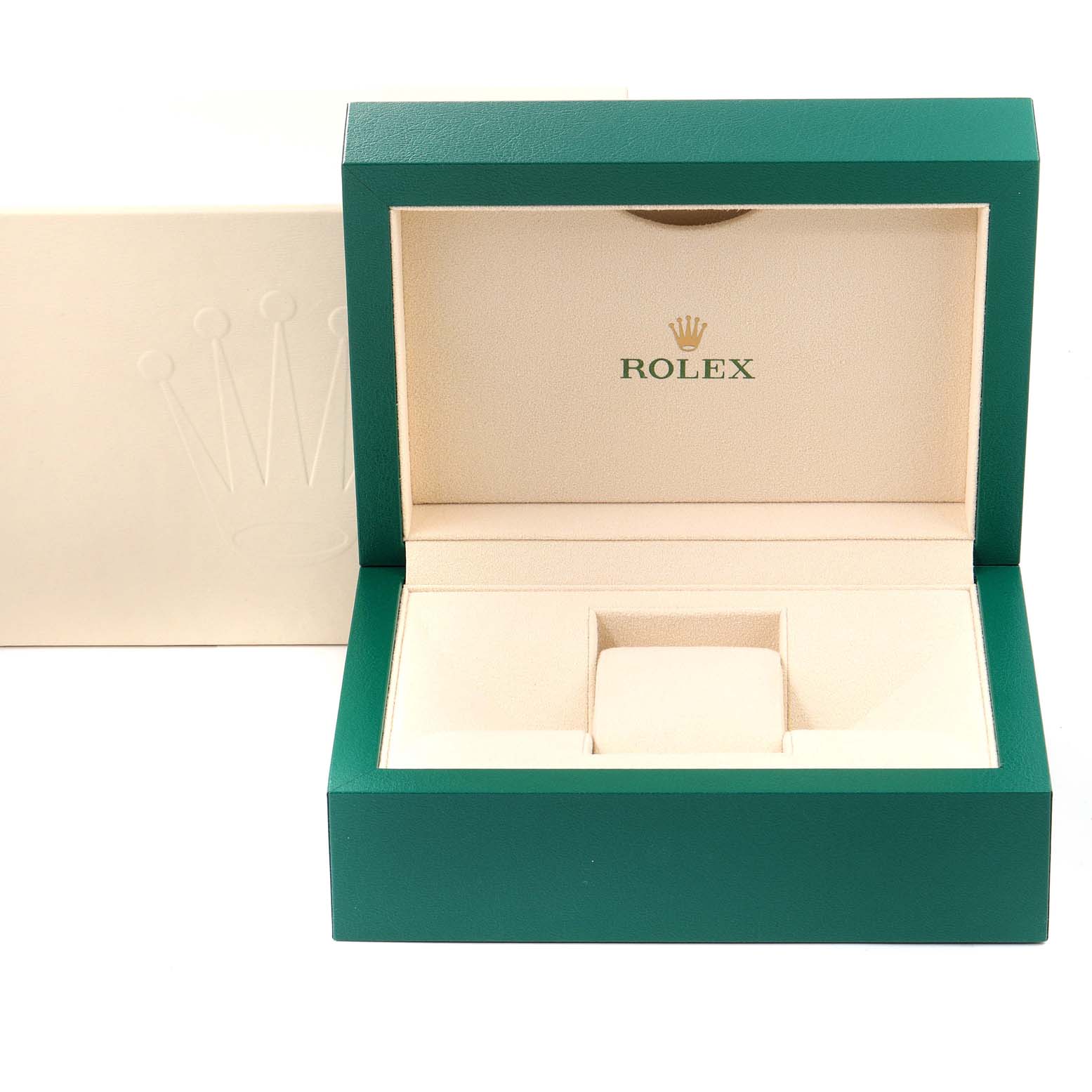 The image shows an open Rolex watch box for a Mid-Size model, featuring a green exterior and cream interior with the Rolex logo.