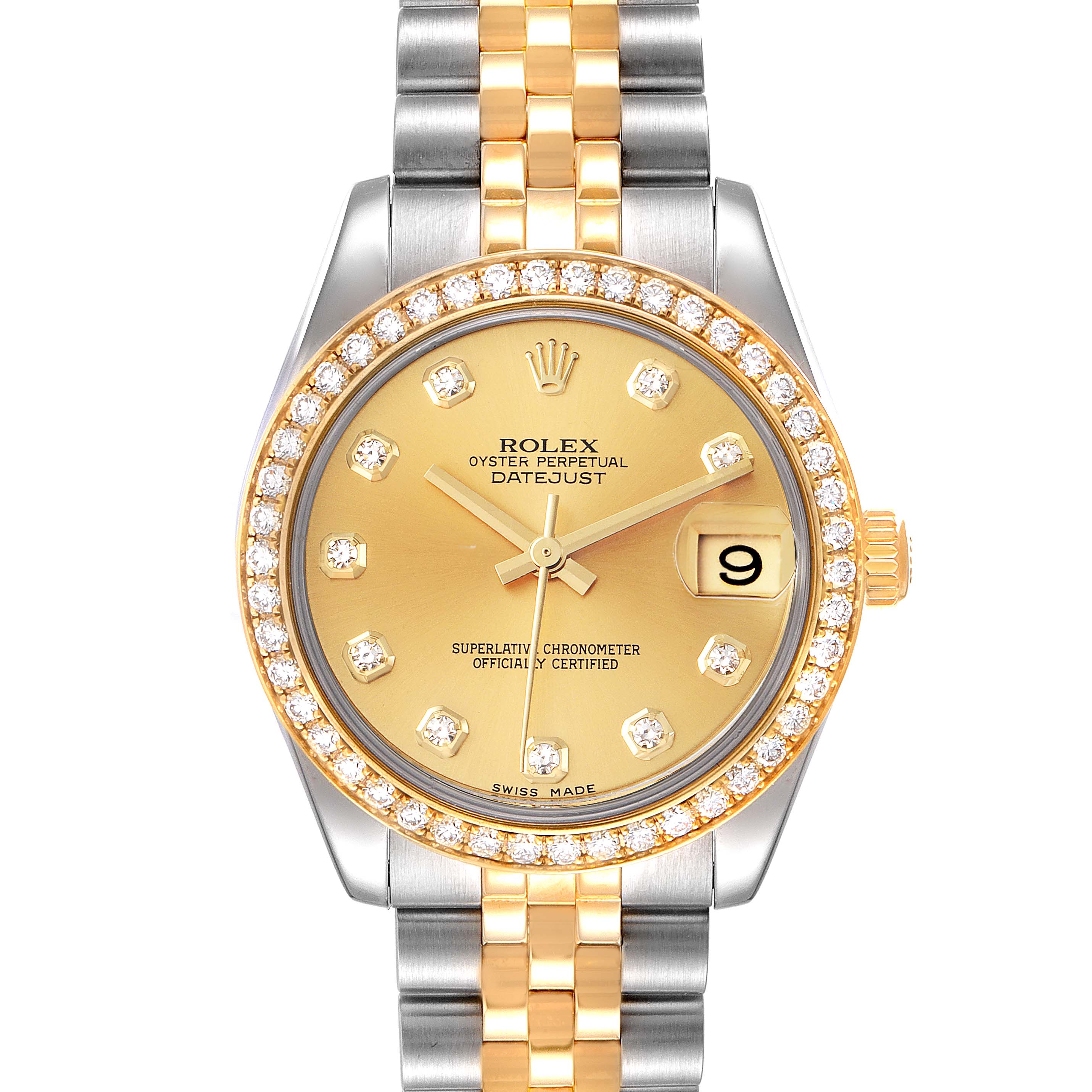 The image shows a front view of the Rolex Mid-Size 178383 Women
s Steel and Gold (two tone) Champagne Dial 178383 Women
s Steel and Gold (two tone) Champagne Dial Oyster Perpetual Datejust watch with a gold and silver bracelet and diamond bezel.