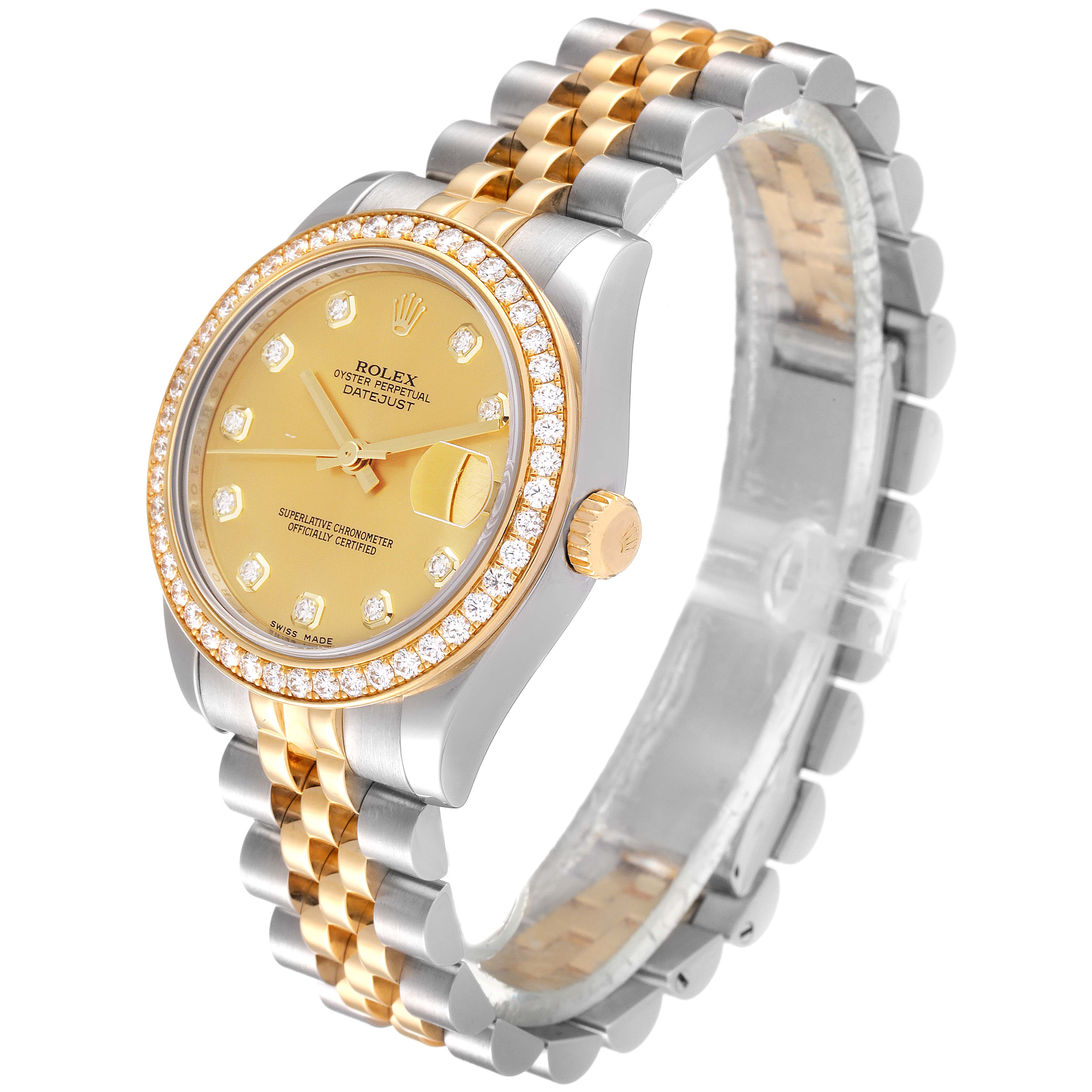 The image shows a side angle of a Rolex Mid-Size 178383 Women
s Steel and Gold (two tone) Champagne Dial 178383 Women
s Steel and Gold (two tone) Champagne Dial watch, highlighting its gold and silver-tone bracelet and diamond-studded bezel.