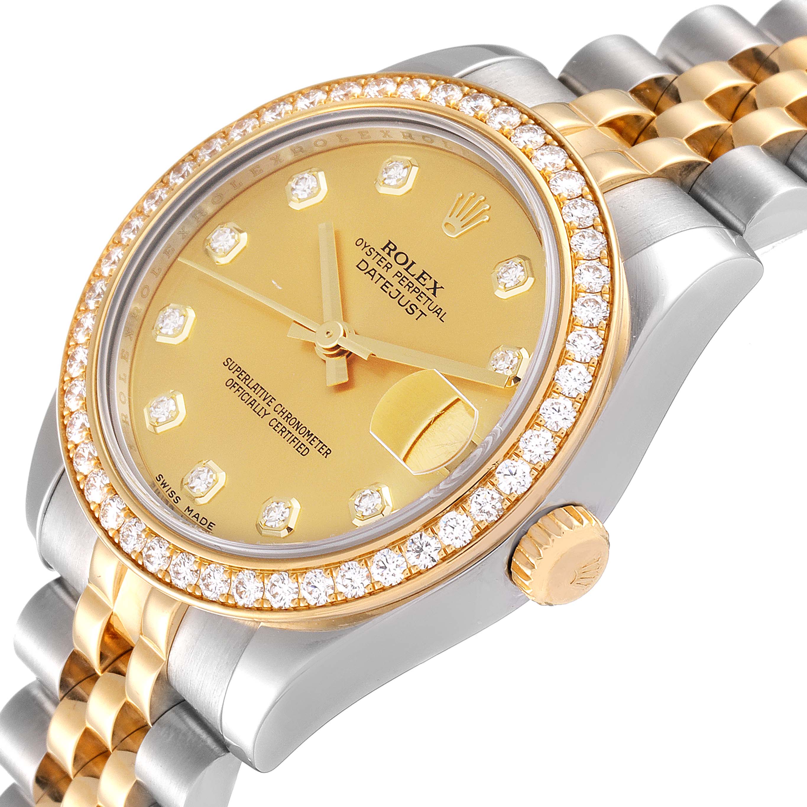 The Rolex Mid-Size 178383 Women
s Steel and Gold (two tone) Champagne Dial 178383 Women
s Steel and Gold (two tone) Champagne Dial Datejust is shown at an angled view, highlighting the dial, crown, bezel, and bracelet.