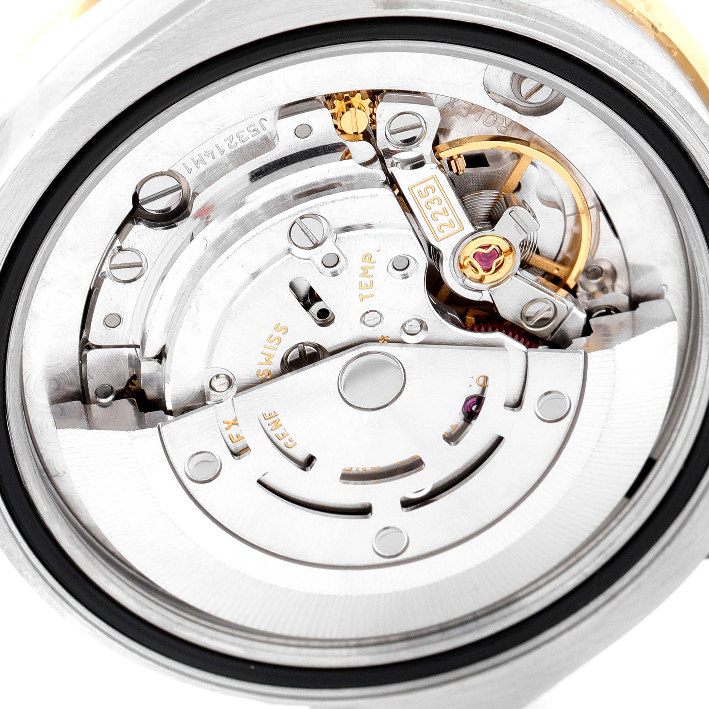 This image shows the inner mechanical movement of a Rolex Mid-Size 178383 Women
s Steel and Gold (two tone) Champagne Dial 178383 Women
s Steel and Gold (two tone) Champagne Dial model watch from a close-up, back-angle view.