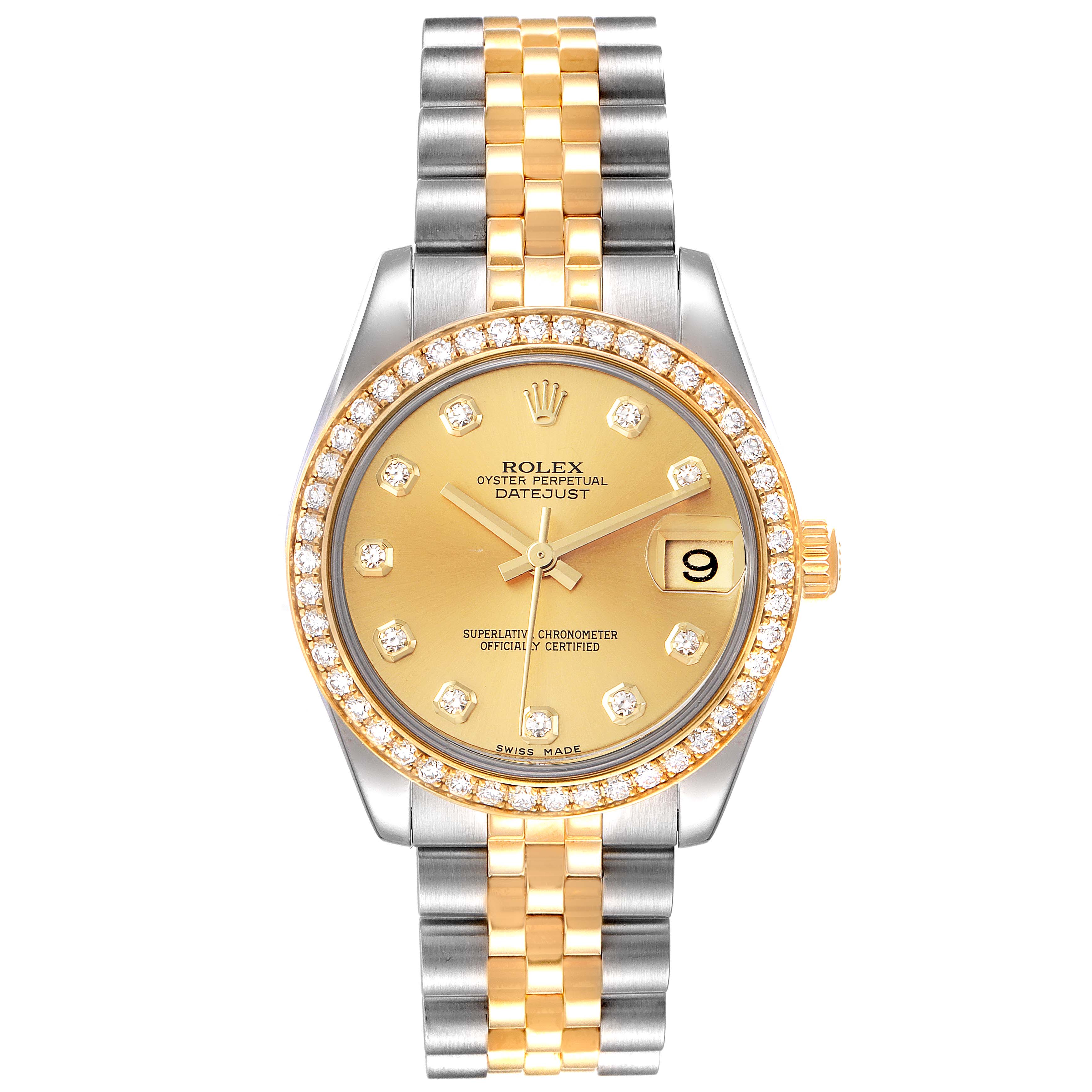 The image shows a front view of a Rolex Oyster Perpetual Datejust mid-size model watch with a gold and stainless steel bracelet.