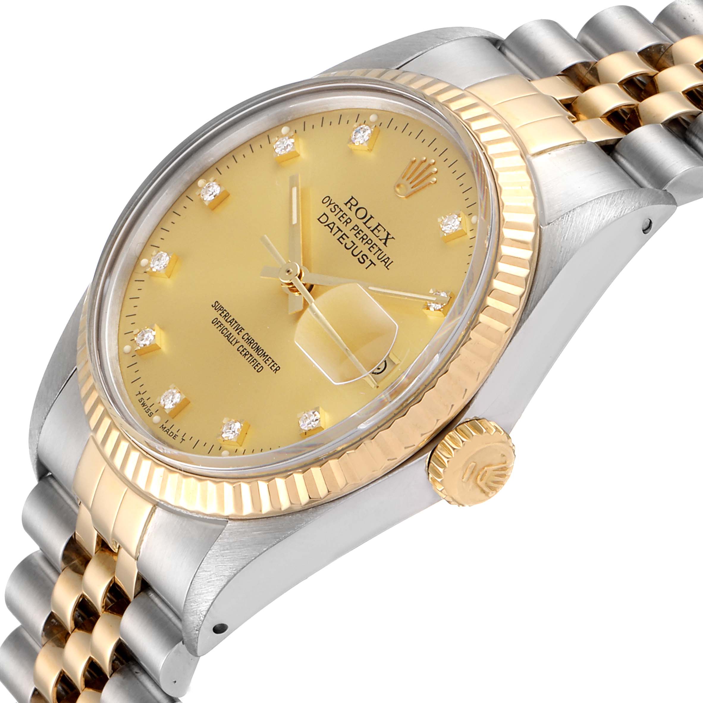 The Rolex Vintage Collection 16013 Men's Steel and Gold (two tone) Champagne Dial 16013 Men's Steel and Gold (two tone) Champagne Dial model shows an angled view focusing on the dial, bezel, crown, and part of the bracelet.
