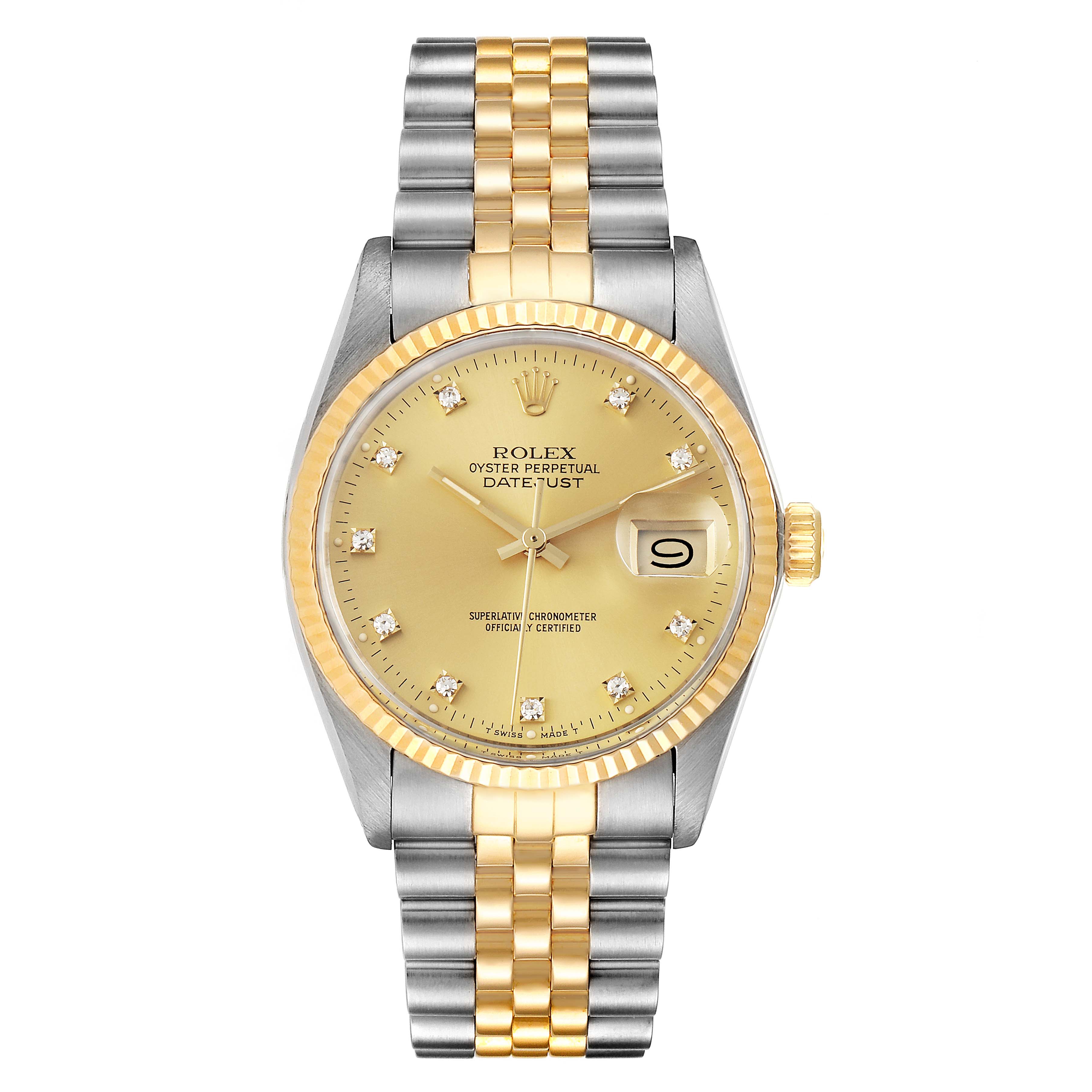 The image shows a front view of a Rolex Vintage Collection 16013 Men's Steel and Gold (two tone) Champagne Dial 16013 Men's Steel and Gold (two tone) Champagne Dial Datejust watch displaying the dial, bezel, and two-tone bracelet.