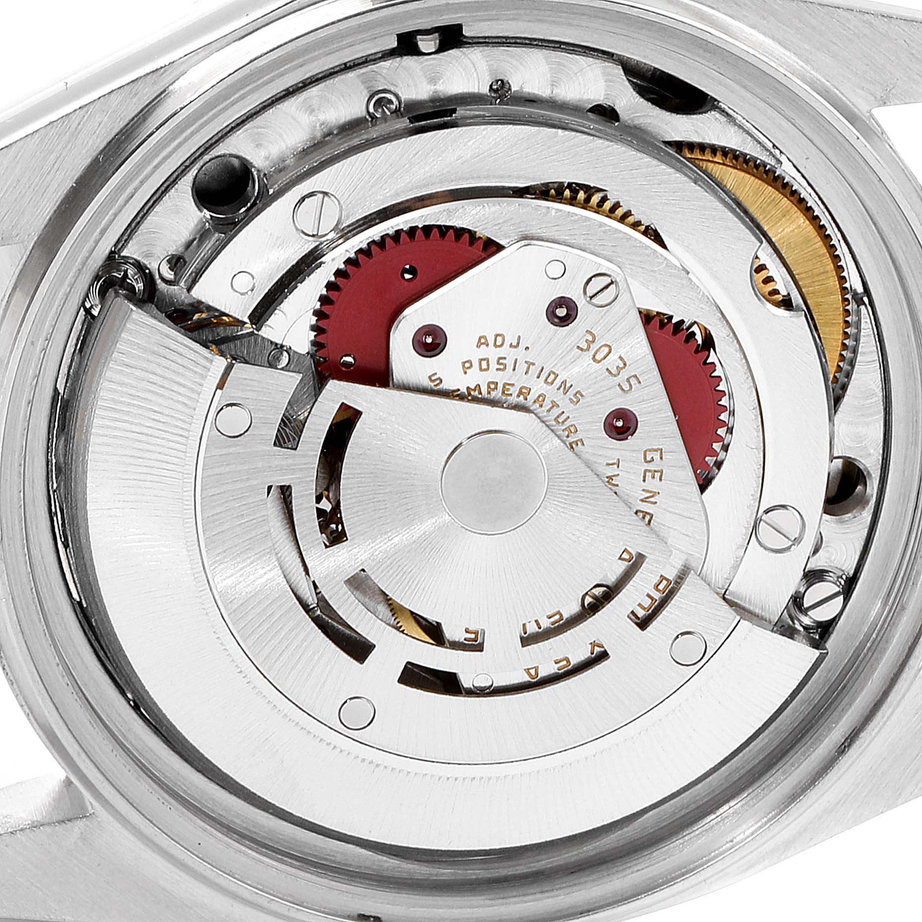 This image shows the intricate internal mechanisms and movement components of a Rolex Vintage Collection 16013 Men's Steel and Gold (two tone) Champagne Dial 16013 Men's Steel and Gold (two tone) Champagne Dial watch from a close-up angle.