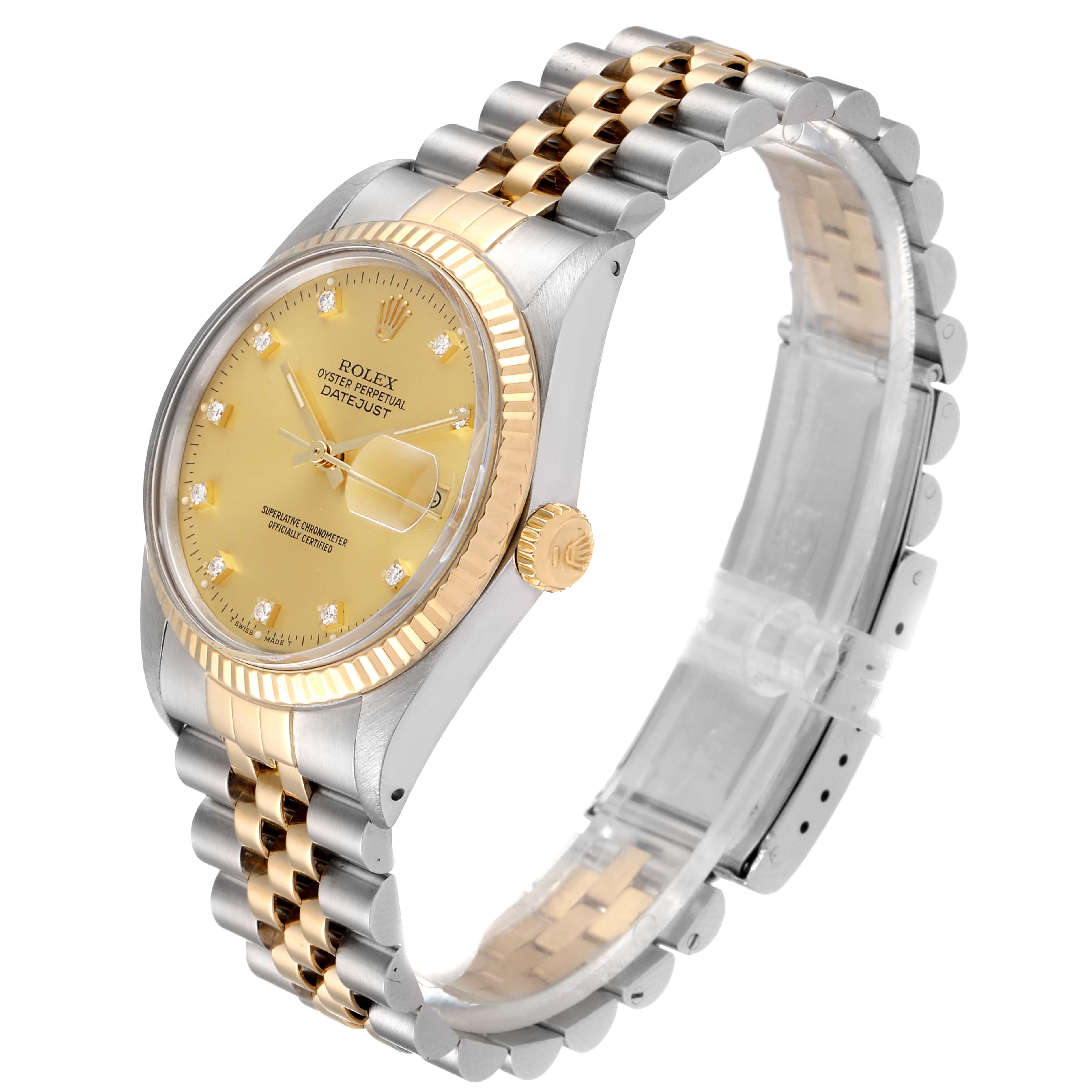 This image shows a side angle of the Rolex Vintage Collection 16013 Men's Steel and Gold (two tone) Champagne Dial 16013 Men's Steel and Gold (two tone) Champagne Dial model, highlighting its gold and silver bracelet and dial.