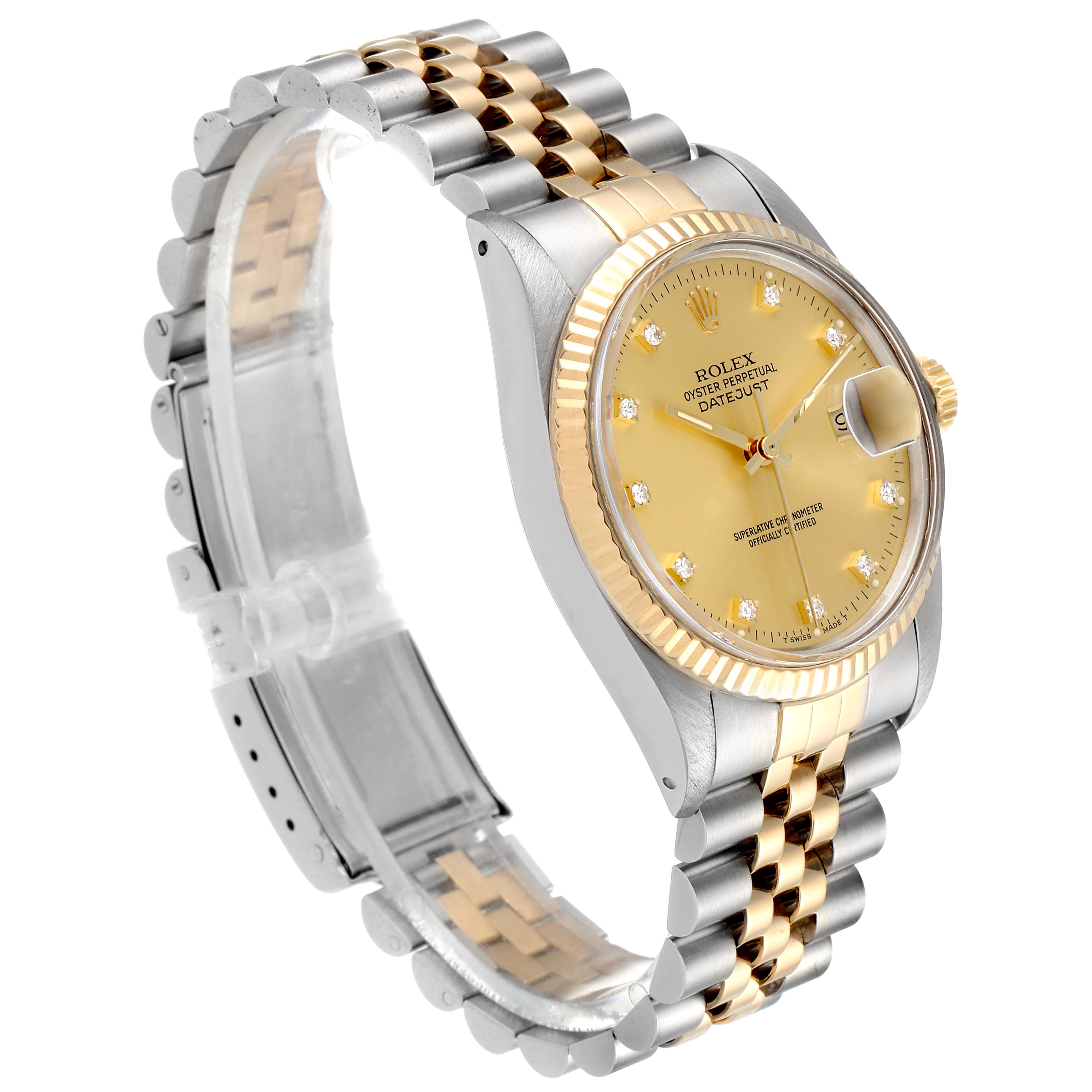 The image shows a side view of the Rolex Vintage Collection 16013 Men's Steel and Gold (two tone) Champagne Dial 16013 Men's Steel and Gold (two tone) Champagne Dial Oyster Perpetual Datejust watch with a two-tone bracelet and diamond markers.