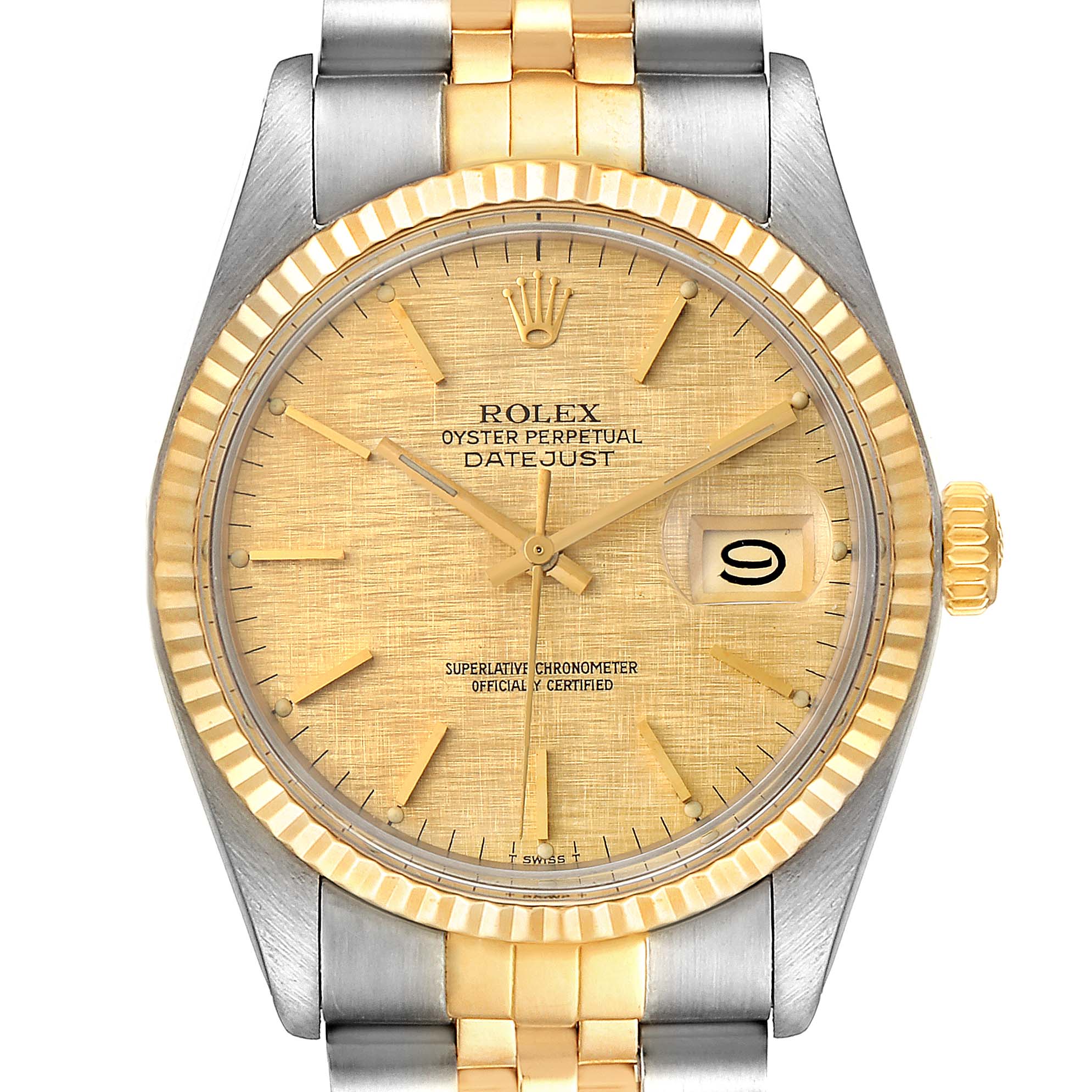 The image shows a front view of a Rolex Vintage Collection 16013 Men
s Steel and Gold (two tone) Champagne Dial 16013 Men
s Steel and Gold (two tone) Champagne Dial Datejust watch, highlighting the dial, bezel, and part of the bracelet.