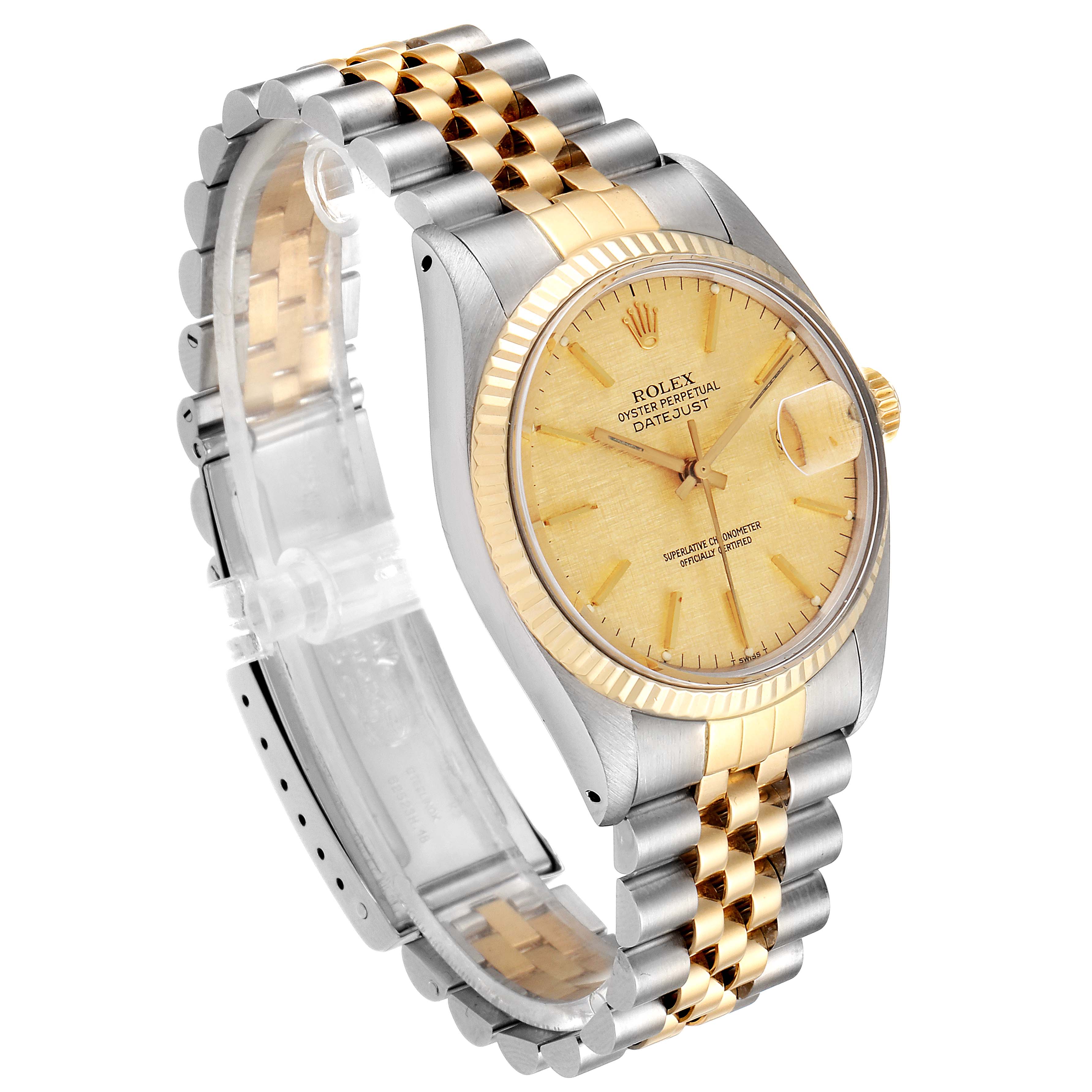 The Rolex Vintage Collection 16013 Men
s Steel and Gold (two tone) Champagne Dial 16013 Men
s Steel and Gold (two tone) Champagne Dial model watch is shown at a three-quarter angle, featuring the dial, bezel, and bracelet.