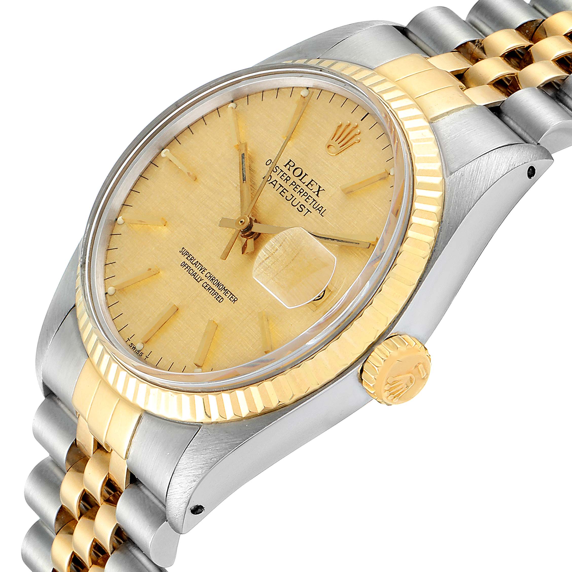 The image shows a close-up, three-quarter angle of the Rolex Vintage Collection 16013 Men
s Steel and Gold (two tone) Champagne Dial 16013 Men
s Steel and Gold (two tone) Champagne Dial model, highlighting the dial, bezel, case, and part of the bracelet.